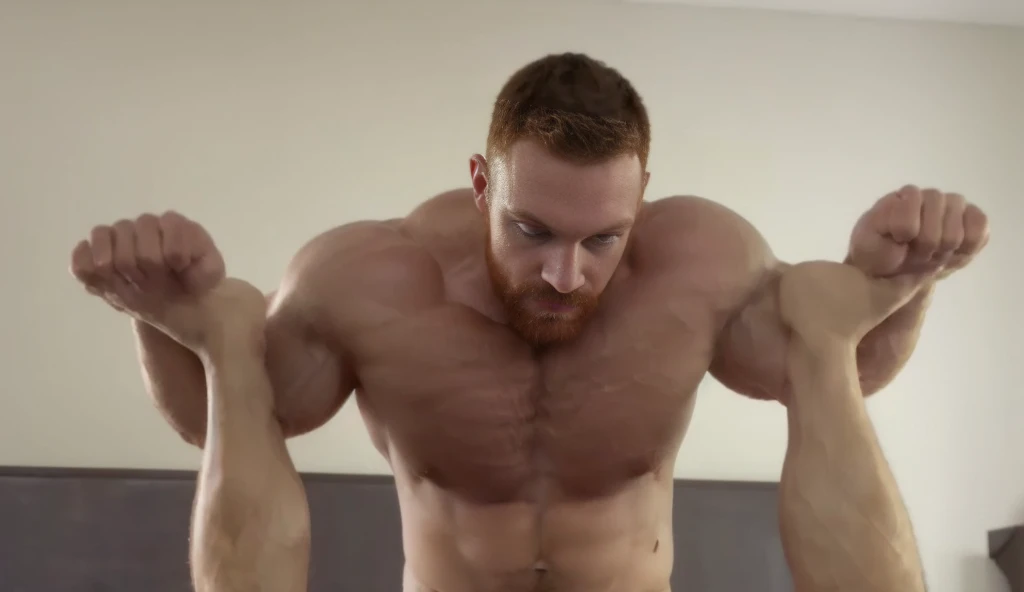 (GS-Masculine:1), 1boy, looking at viewer, detailed realistic open eyes, (mischievous smirk:1.2):1.2, (seductive expression), redhead stud, ginger eyebrows, (sunrise):1.2, dapper charming man, (ginger:1.2), hairy chest, sideburns, dimpled chin, soft and inviting, warm lighting, portrait, dappled light, freckles, (hyper pecs:1.5), (large muscles:1.5), blue eyes, bedroom, 8k high resolution, very detailed muscles