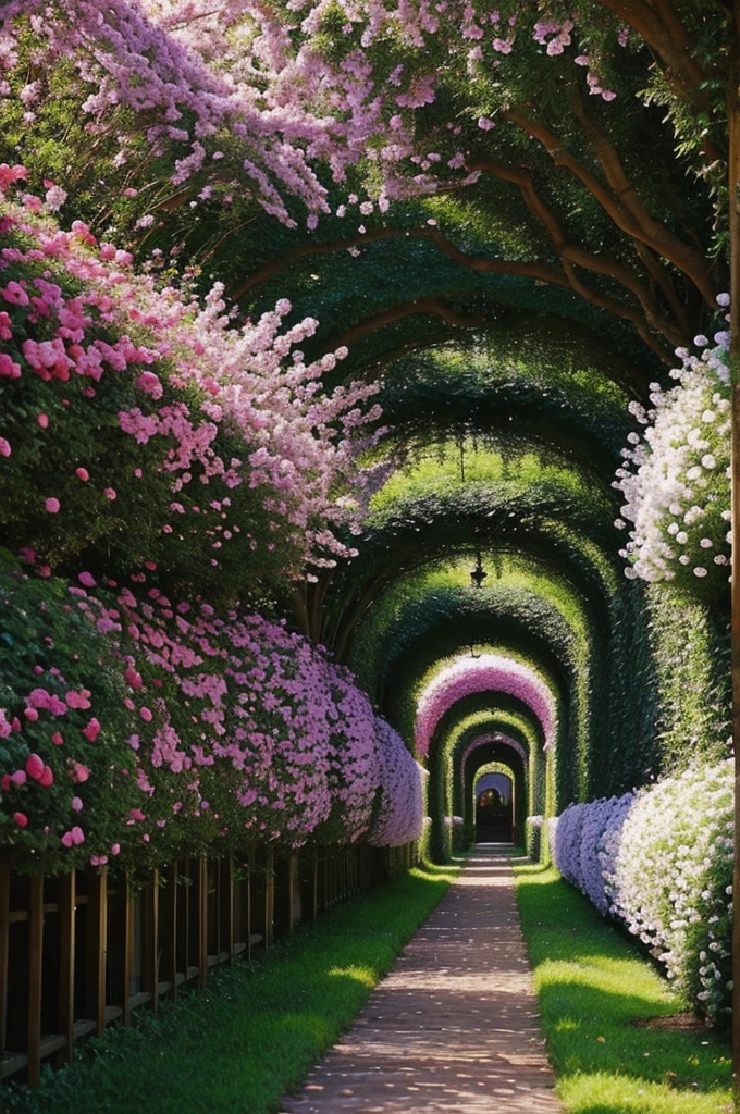 painting,Beautiful flower tunnel,It stretches into a walkway.,But the mysterious atmosphere is worth exploring.