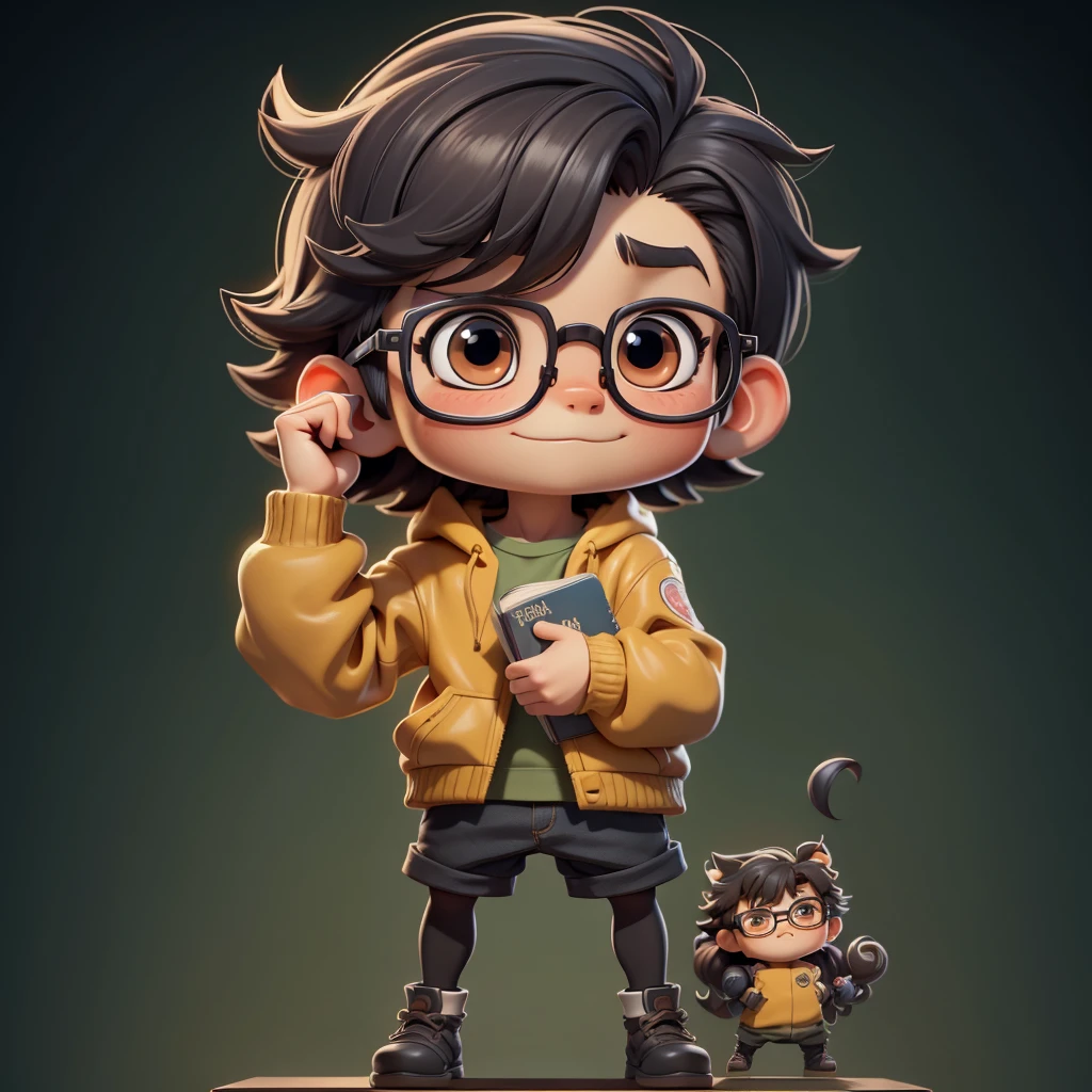 masterpiece, Highest quality, A boy wearing glasses, small, Stickers,Minimal background, whole body, Anime Style, comics, work, Chibi proportions, Anime proportions, キャラクターのwhole body, anime keyframe, comicsのプロポーション, huge head tiny body, mental health,whole bodyポートレート，biceps，白銀比のwhole bodyサイズ、Chibi Boy, Tortoiseshell frame glasses、Holding a book