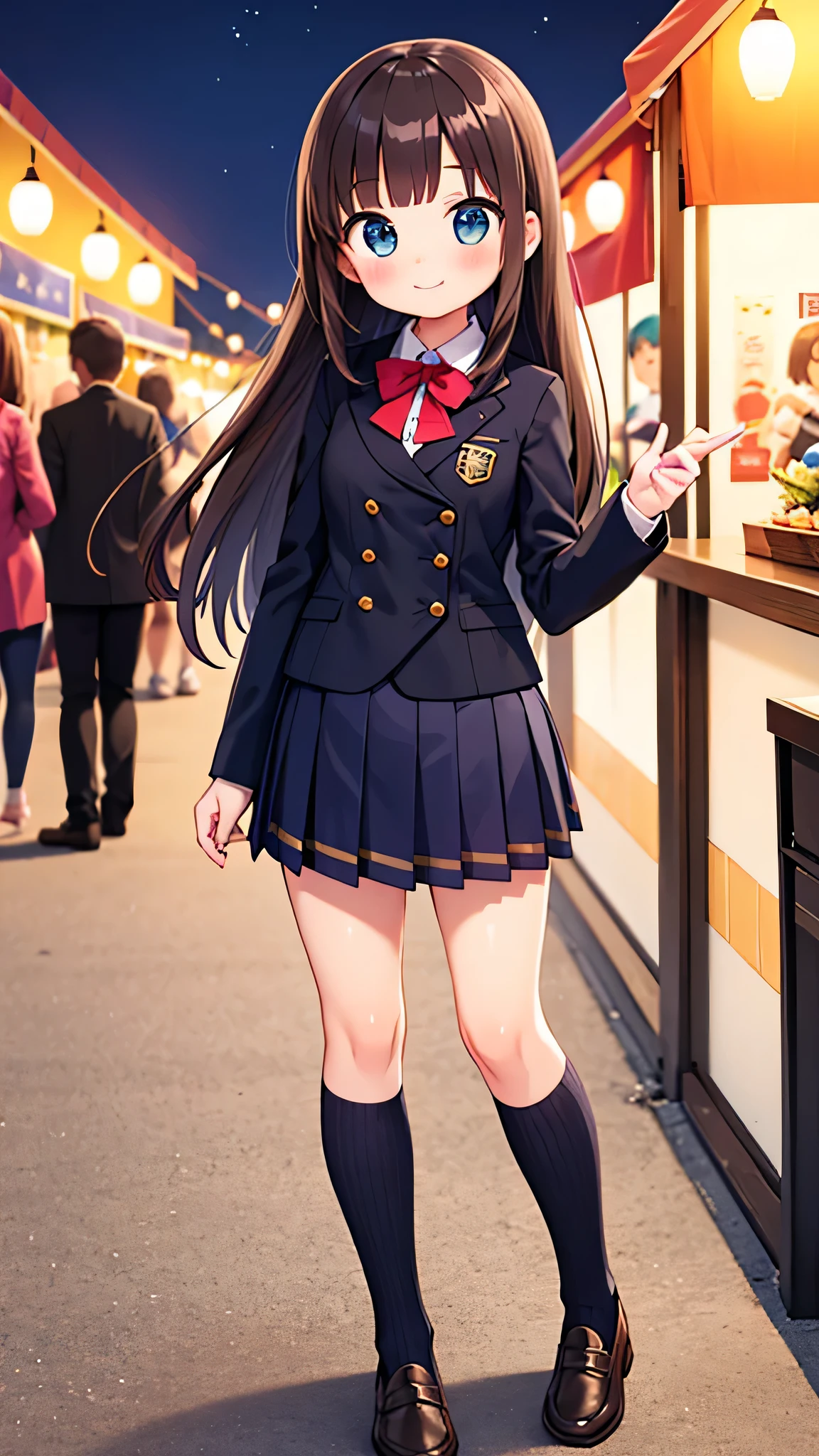 {Highest quality], [Super beautiful], [Ultra fine], [Best illustration], NSFW,Brown Hair, Hime cut, Long Hair, With bangs, girl,high school student,uniform,knit,skirt,smile, blush, Slender women, Adult women,Standing posture,(Public),Night Park,Summer festival,diagonal, Navy blue knee socks,Black Loafers