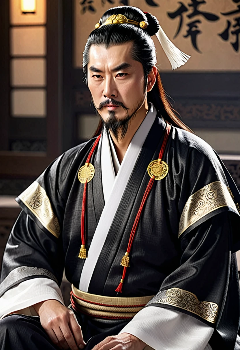 Oriental、Men in ancient Chinese costumes、ancient chinese hairstyle male、Various generals from the Romance of the Three Kingdoms、Highest quality、masterpiece、Ultra-high resolution、(Realistic:1.4)、Game Poster、Crisp and beautiful image quality、Black clothes、Handsome、White Robe、｛Nose beard｝、Nightcap、