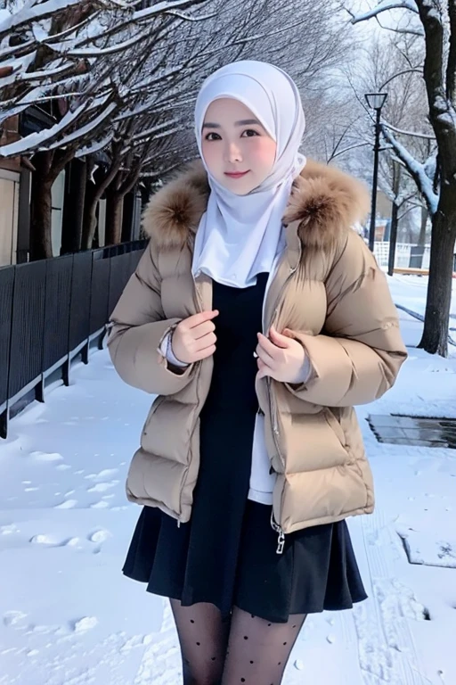 Best quality, 4K, 8K, Detailed faces,fully body photo, Clear face, Japanese muslim girl, 21 years old girl, Perfect body figure, Long slim legs, Pasmina hijab, Long down jacket with hood, Fur trim jacket, White jacket, Snowy Tokyo background 