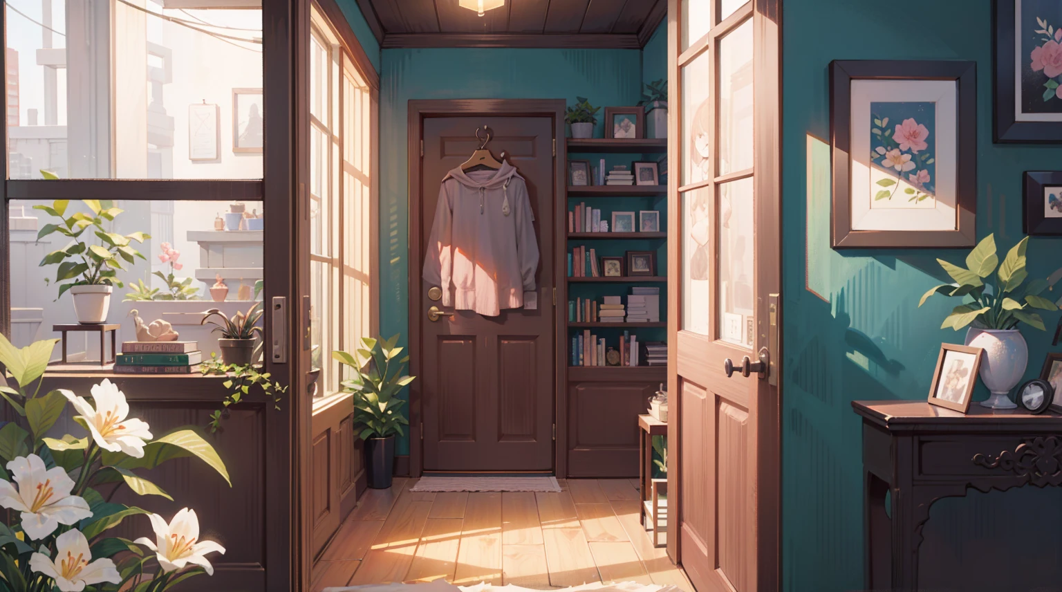 (Masterpiece), Best quality, Ultra-high resolution, detailed structure, Detailed architecture, (Warm pastel colors), indoor,(nobody:1.5)Pull the door frame to see the living room,Behind is the living room, plant, Stamens, indoor。Entrance,pink