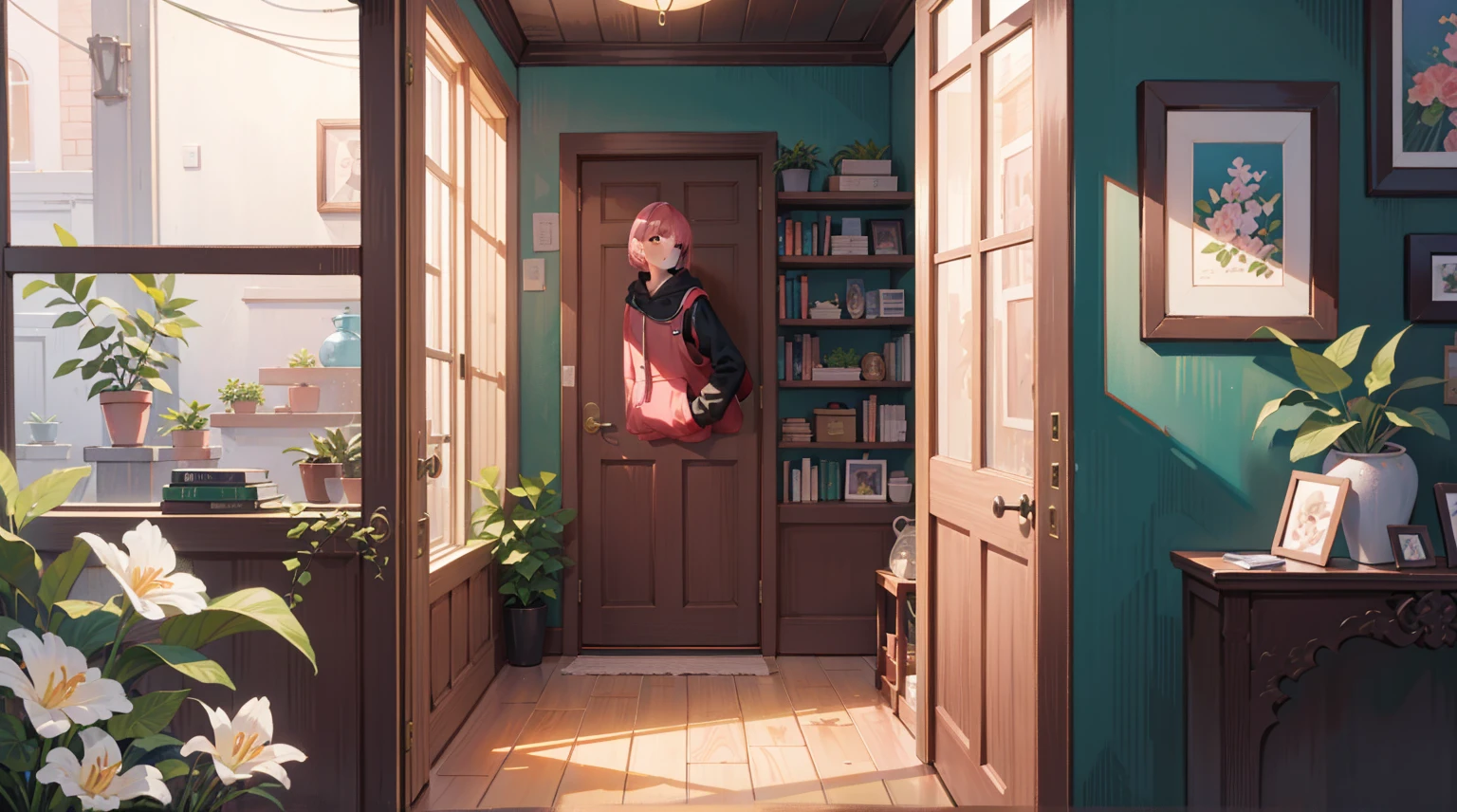 (Masterpiece), Best quality, Ultra-high resolution, detailed structure, Detailed architecture, (Warm pastel colors), indoor，（nobody：1.5）Pull the door frame to see the living room，Behind is the living room, plant, Stamens, indoor。Entrance，pink