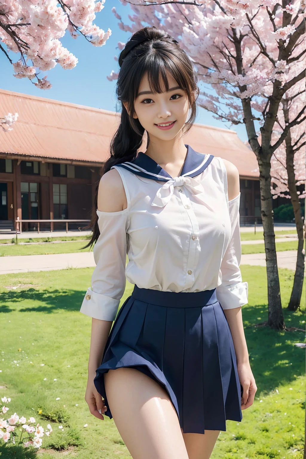 (masterpiece:1.3), High resolution, Super detailed, Very detailed, CG, Unity, 8k wallpaper, Realistic, photo-Realistic, RAW Photos, Raw photo, (8K, Highest quality, masterpiece:1.2), (Photorealistic:1.4), Beautifully detailed face, Perfect and beautiful face, Beautiful and elaborate face, Accurate, Very detailed顔と肌の質感, Surface Details, Detailed hair texture, Perfect body, (Fair skin:1.2), Fine grain, Beautiful eyes in every detail, Slim face and figure, Big eyes, (Glossy Lips, Natural color lip:1.4), ((A sexy, sensual smile, A charming, sexy smile:1.4)), ((pretty girl, Random stylish hairstyles:1.4)), ((16 year old Japanese high school girl。She is wearing a tight sailor uniform.、The navy blue skirt accentuates the lines of her thighs and buttocks.。White blouse、Characterized by a red ribbon、Have a sexy charm。Her hair is straight and down to her shoulders、Bangs are blunt。She has a slightly seductive smile、He has a textbook in his hand。A spring landscape with cherry trees in full bloom in the background。The school building can be seen in the background.。The pose is a slight twist of the body.、The thighs and buttocks stand out prominently:1.4)), (Staring at the audience:1.3), ((Sexy shot of the camera, Bold sexy pose:1.3)), (Detailed Background:1.2), Perfect dynamic composition