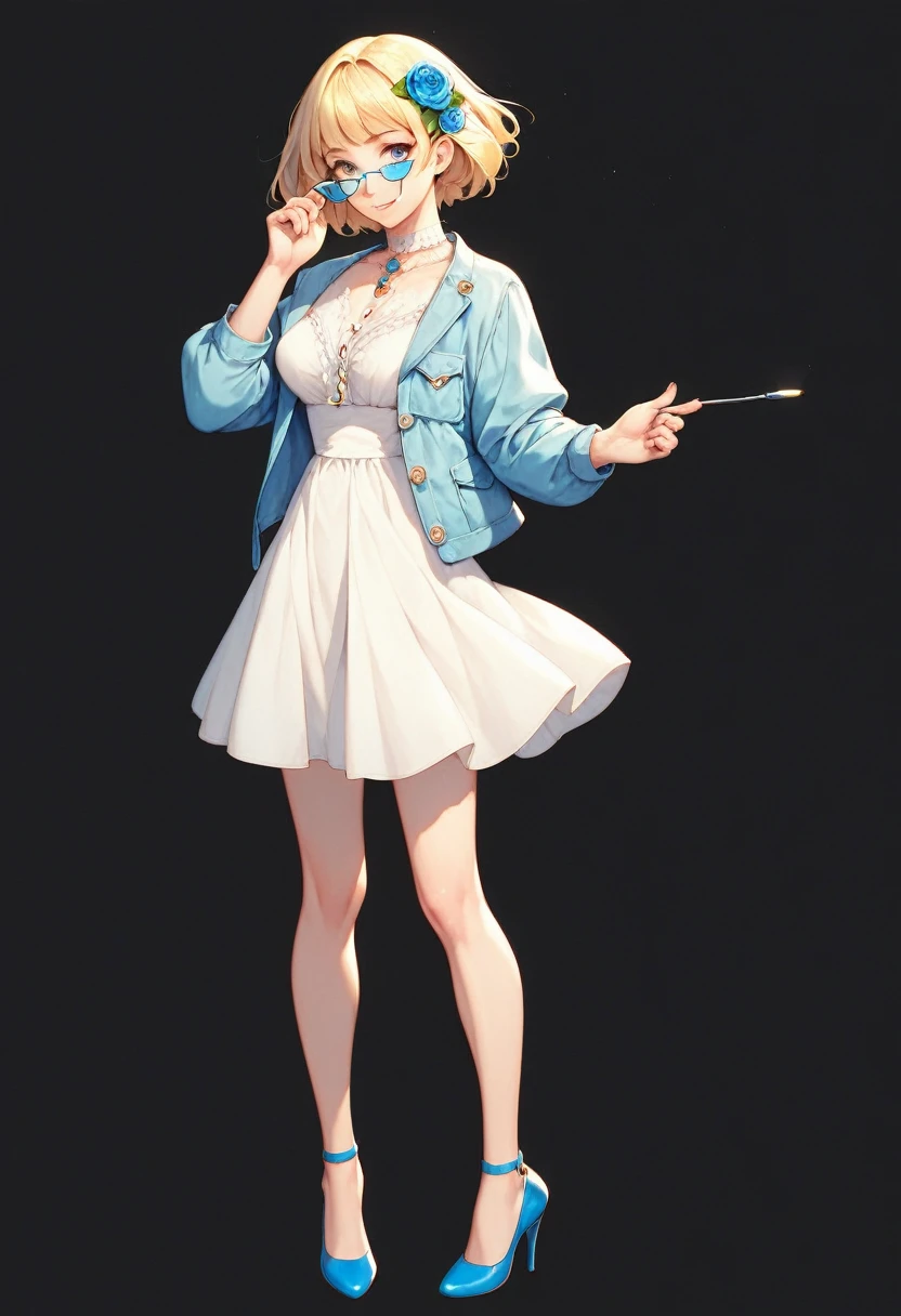 divine beautiful girl, beautiful face, solo, full body, standing, medium bob cut blonde hair, light blue eyes, two points glasses, medium breasts, blue opened short jacket, white blouse, white long pleats skirt, blue high heels, soft smile, pinch one's glasses, black background, no background, pastel 2d art, matte painting