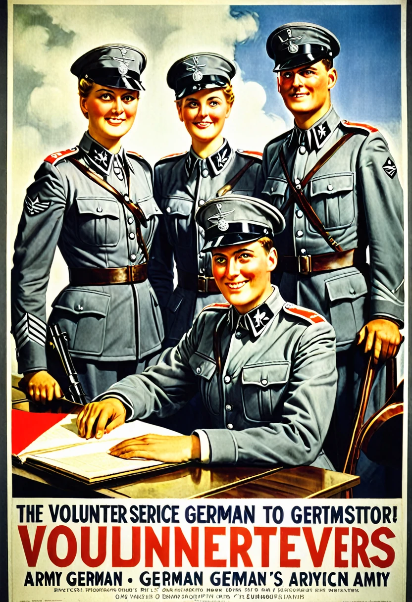 A poster in English recruiting Americans for volunteer service in the German army,A photograph shows American volunteers in grey German uniforms.