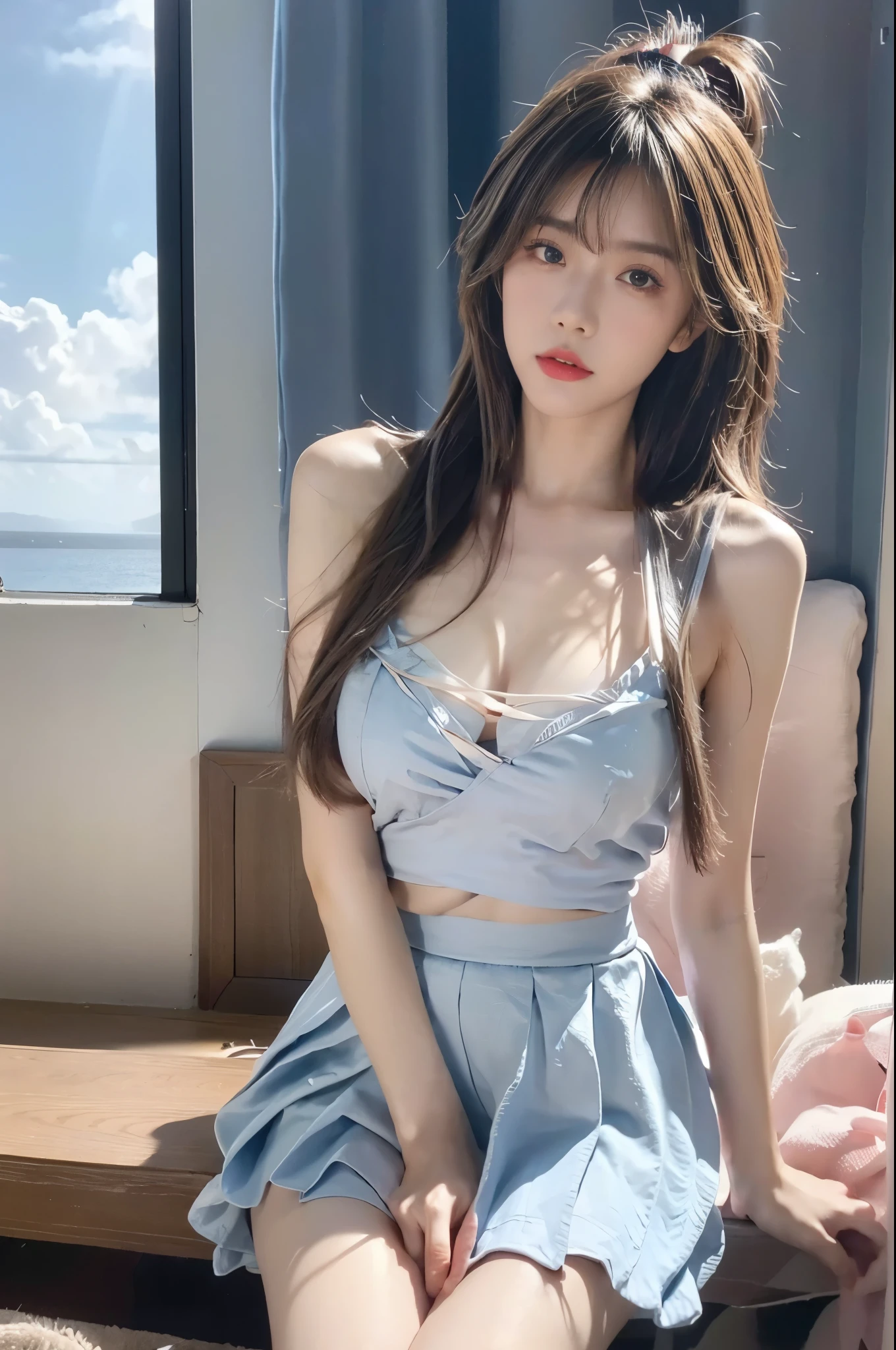 luotianyi, Beauty, 1girl,solo, beautiful女人，Have a perfect body：1.4，Layered Hairstyle，((Big breasts)), ((E cup)), Visible cleavage，Bare shoulders, Highly detailed face and skin texture，Double eyelids，Skin Whitening，Long hair，Whitening long legs，Standing by the sea, Fashion girl, Red lips, Sweet maiden, beautiful妆容, detail, lifelike, Very detailed, amazing, beautiful, Young and energetic, high quality，High Definition, rich and colorful，Exquisite, Smooth skin, The skirt is short, Lift the skirt with your hands, Elegant and charming posture, Official Art, Extremely detailed, Movie atmosphere, Soft colors, Natural skin texture,