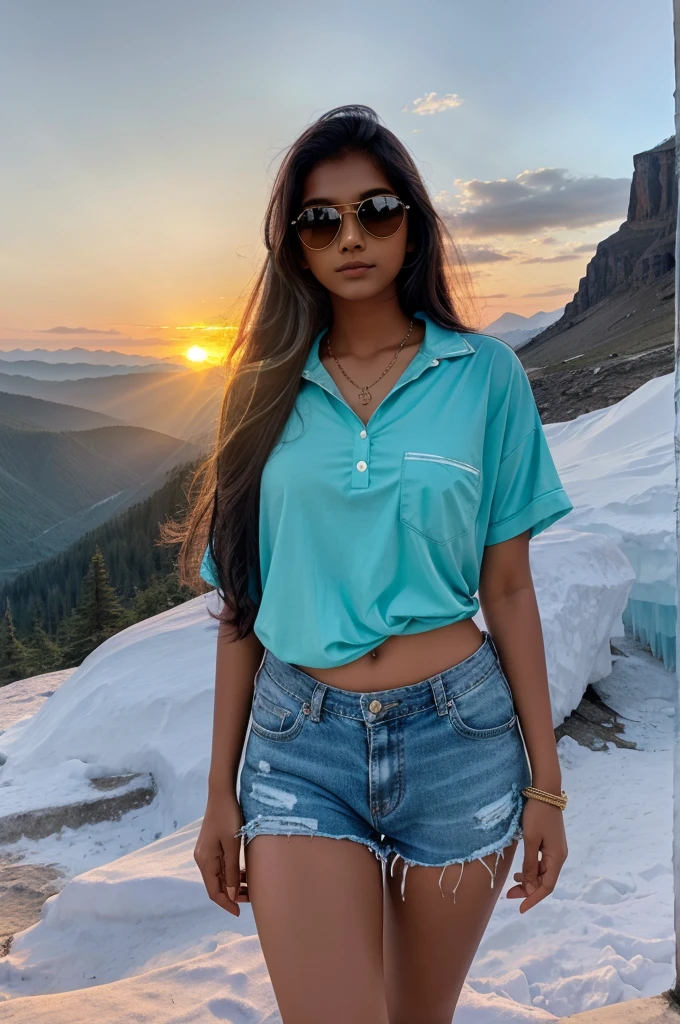 Indian teen beautiful girl , oversize shirt and shorts, sunglasses , shinning hairs ,  ice mountains , sun set , 