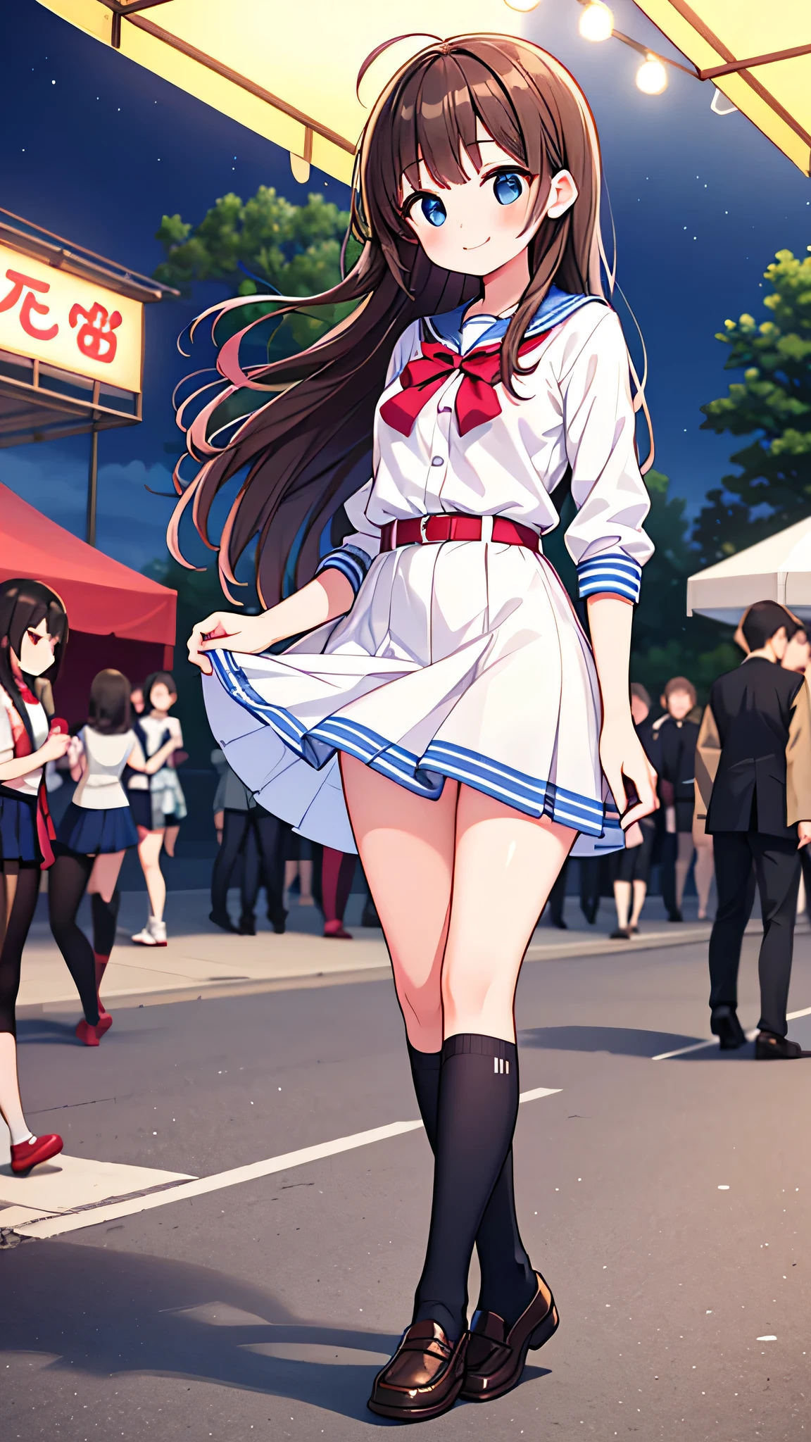 {Highest quality], [Super beautiful], [Ultra fine], [Best illustration], NSFW,Brown Hair, Hime cut, Long Hair, With bangs, girl,high school student,uniform,knit,skirt,smile, blush, Slender women, Adult women,Standing posture,(Public),Night Park,Summer festival,diagonal, Navy blue knee socks,Black Loafers