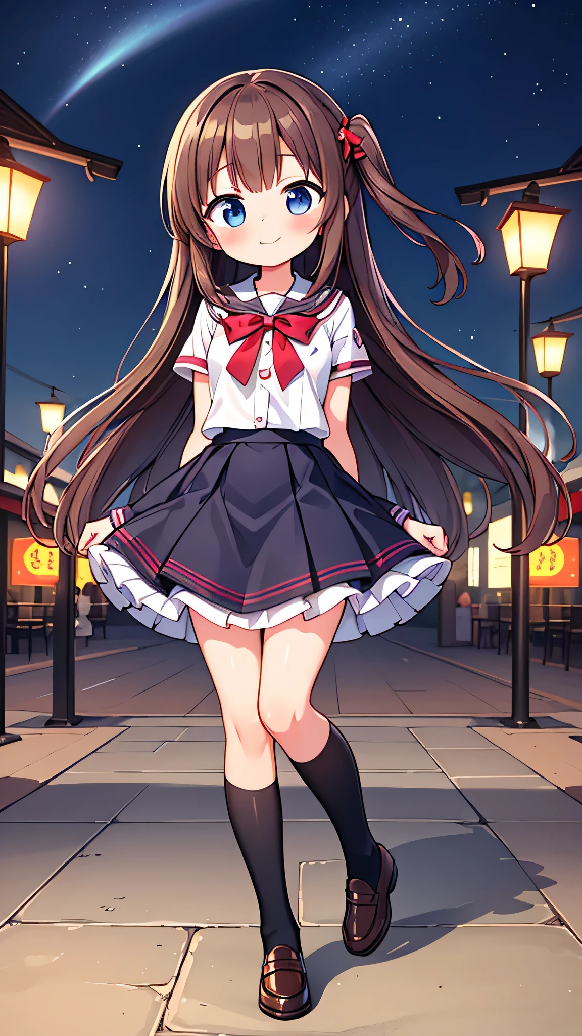 {Highest quality], [Super beautiful], [Ultra fine], [Best illustration], NSFW,Brown Hair, Hime cut, Long Hair, With bangs, girl,high school student,uniform,knit,skirt,smile, blush, Slender women, Adult women,Standing posture,(Public),Night Park,Summer festival,diagonal, Navy blue knee socks,Black Loafers