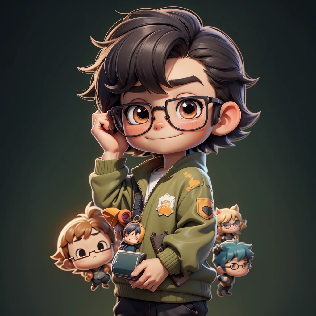 masterpiece, Highest quality, A boy wearing glasses, small, Stickers,Minimal background, whole body, Anime Style, comics, work, Chibi proportions, Anime proportions, キャラクターのwhole body, anime keyframe, comicsのプロポーション, huge head tiny body, mental health,whole bodyポートレート，biceps，白銀比のwhole bodyサイズ、Chibi Boy, Tortoiseshell frame glasses、Holding a book、psychadelic、
