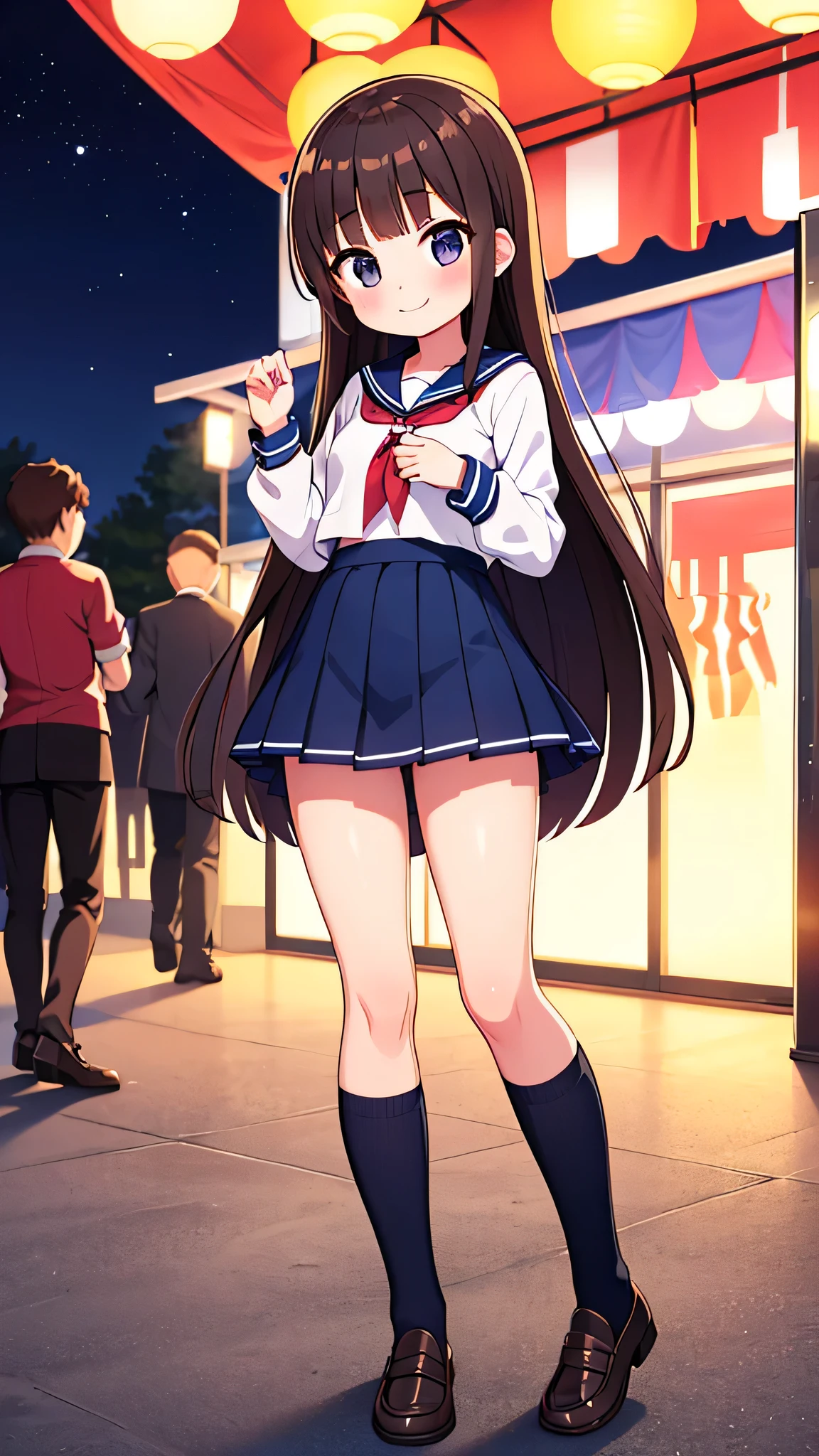 {Highest quality], [Super beautiful], [Ultra fine], [Best illustration], NSFW,Brown Hair, Hime cut, Long Hair, With bangs, girl,high school student,uniform,knit,skirt,smile, blush, Slender women, Adult women,Standing posture,(Public),Night Park,Summer festival,diagonal, Navy blue knee socks,Black Loafers