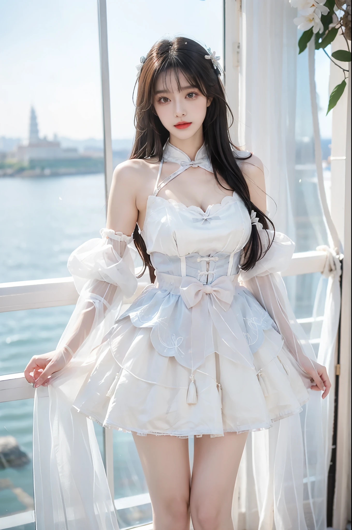 cyb dress, chinese clothes, detached collar, clothing cutout, wide sleeves, see-through sleeves, tassel, Beauty, 1girl,solo, beautiful女人,Have a perfect body:1.4,Layered Hairstyle,((Big breasts)), ((E cup)), Visible cleavage,Bare shoulders, Highly detailed face and skin texture,Double eyelids,Skin Whitening,Long hair,Whitening long legs,Standing by the sea, Fashion girl, Red lips, Sweet maiden, beautiful妆容, detail, lifelike, Very detailed, amazing, beautiful, Young and energetic, high quality,High Definition, rich and colorful,Exquisite, Smooth skin, The skirt is short, Lift the skirt with your hands, Elegant and charming posture, Official Art, Extremely detailed, Movie atmosphere, Soft colors, Natural skin texture,
