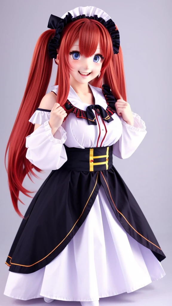 full body,fullbody,1girl,red hair,long hair,red and blue odd eyes,smile,simple background,drill twin tail,ahoge,white background,large breasts,long skirt,black frill,Japanese style dress,wide sleeves,open mouth
