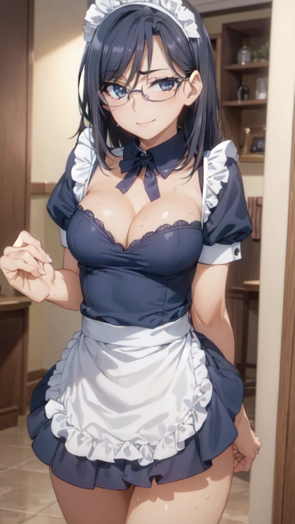 ((Correct Anatomy)),(((Nipples are visible))),(((High resolution))),(((Long Hair))),(((Maid Costume))),(((Pleated mini skirt))),((((Black panties)))), ((Black Pantyhose)),((Black knee-high stockings)),((A shy smile)),(((Mature Woman)))、(One Mature Woman)、((Twin tails))、I could see the whole body