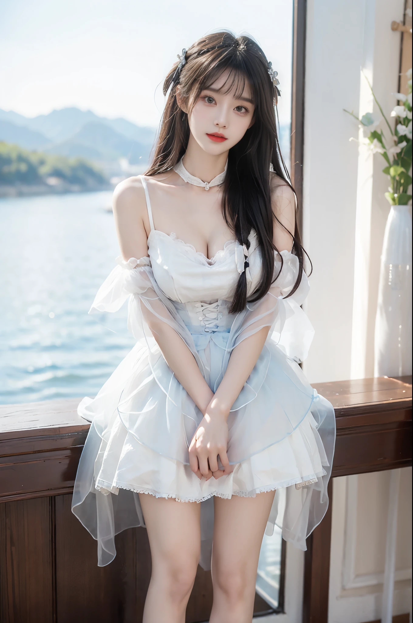 cyb dress, chinese clothes, detached collar, clothing cutout, wide sleeves, see-through sleeves, tassel, Beauty, 1girl,solo, beautiful女人，Have a perfect body：1.4，Layered Hairstyle，((Big breasts)), ((E cup)), Visible cleavage，Bare shoulders, Highly detailed face and skin texture，Double eyelids，Skin Whitening，Long hair，Whitening long legs，Standing by the sea, Fashion girl, Red lips, Sweet maiden, beautiful妆容, detail, lifelike, Very detailed, amazing, beautiful, Young and energetic, high quality，High Definition, rich and colorful，Exquisite, Smooth skin, The skirt is short, Lift the skirt with your hands, Elegant and charming posture, Official Art, Extremely detailed, Movie atmosphere, Soft colors, Natural skin texture,