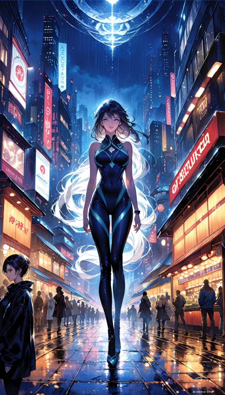 Rainy night,city,Beautiful woman with gal make-up wearing a sports suit on the busy street of Gintama, Surrounded by sellers, Beautiful portrait of a stunning goddess girl, Beautifully detailed face, Porcelain-like skin, Full Body Shot, Centered, Super soft lighting, Symmetric, complicated, elegant, Very detailed, Realistic, Art Station, Concept Art, Smooth, Imagined by Greg Rutkowski and Boris Vallejo, cover, Trendy style