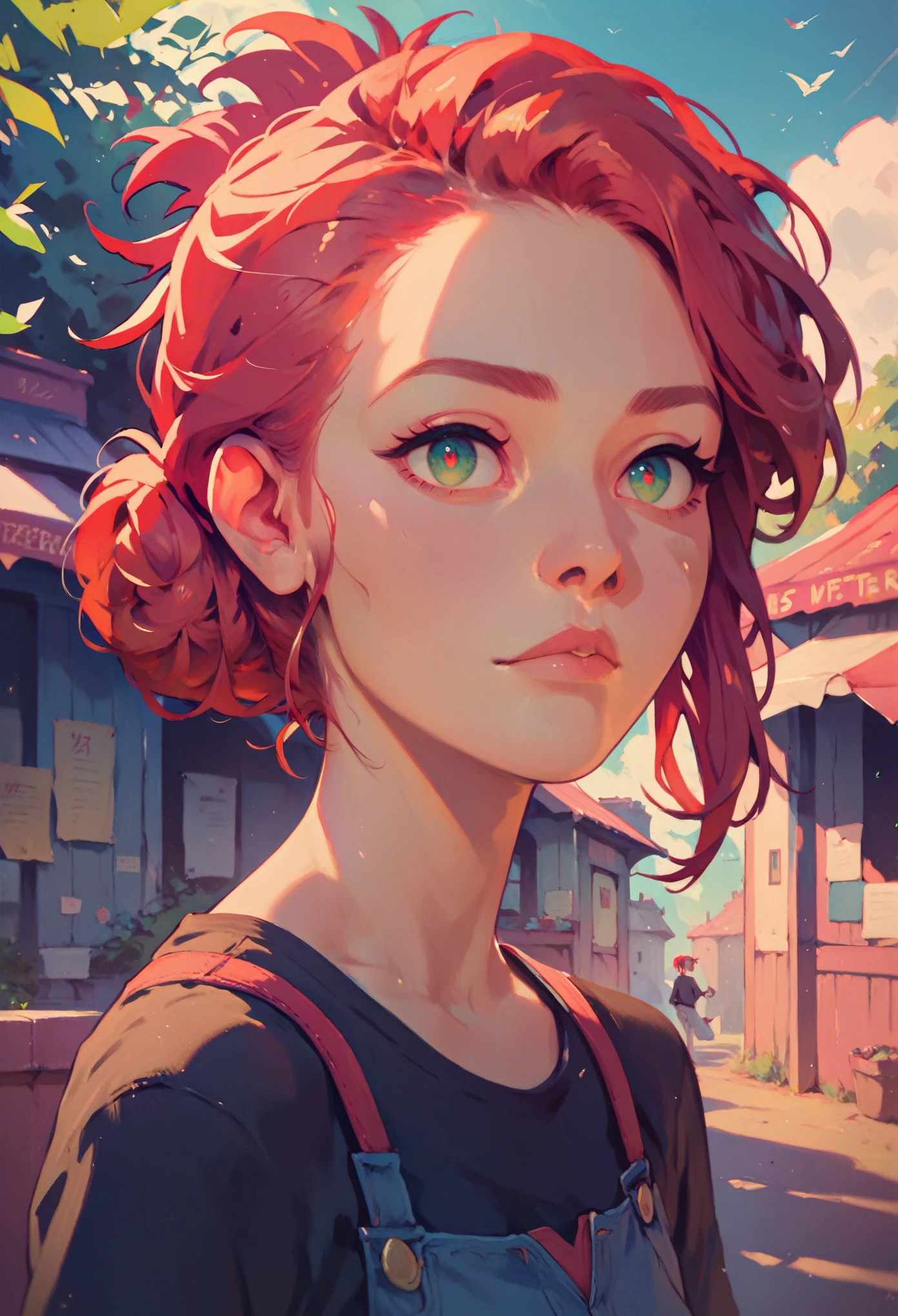 ((red hair)), green eyes, half bun hair, bust, ((curious look)), ((masterpiece)), ((detailed)), ((black shirt)), ((blue jeans)), ((best quality)), ((outside)), small breasts, ((bright)), (pretty eyes), looking at viewer