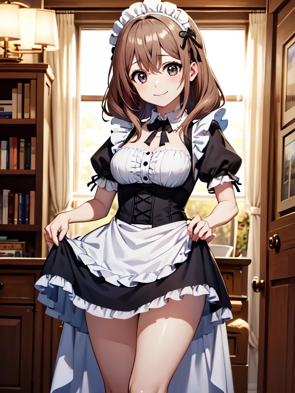 masterpiece、Highest quality、Very detailed、hiori katase、Standing、smile、Closed Mouth、One Girl,Beautiful thighs,Absolute reference to the center、High resolution、超High resolution、Sharp focus、Physically Based Rendering、Maid、Gothic ****ta Clothing、4K,8K