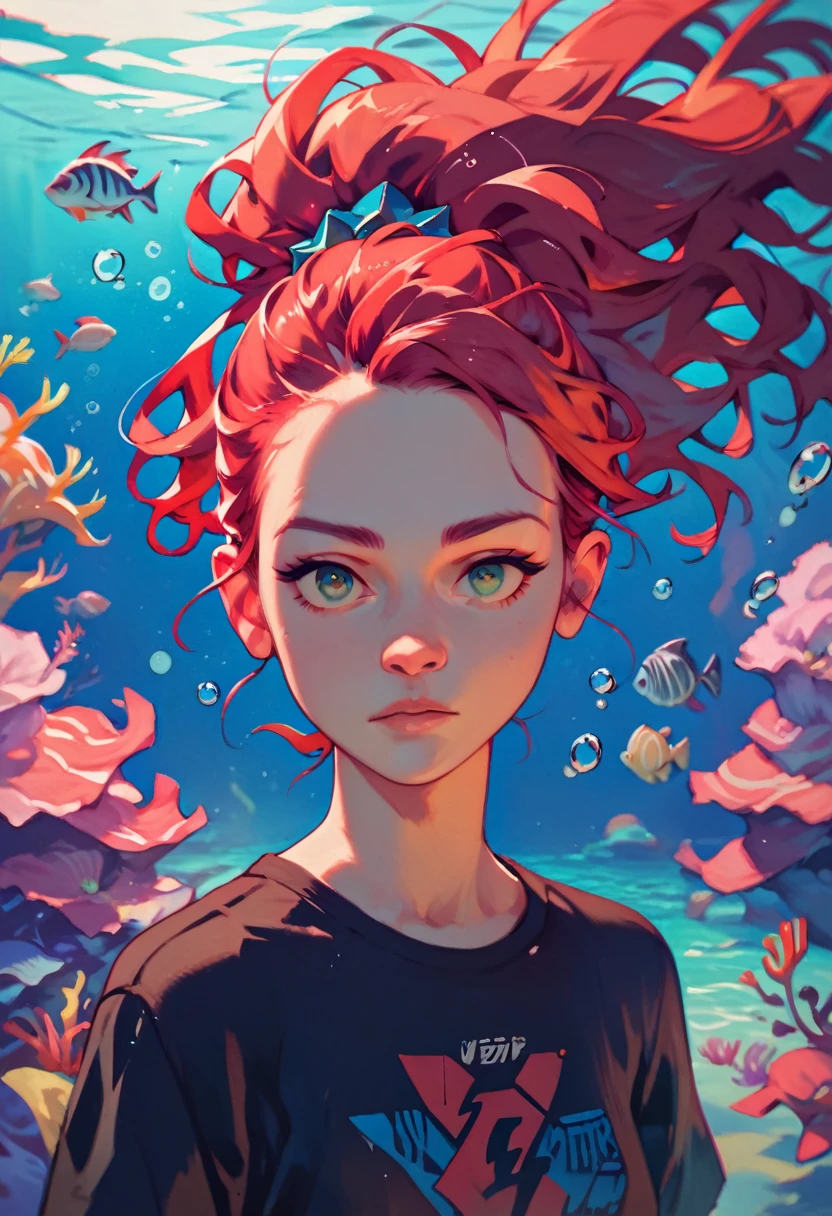 ((red hair)), green eyes, half bun hair, bust, ((curious look)), ((masterpiece)), ((detailed)), ((black shirt)), ((blue jeans)), ((best quality)), ((underwater)), small breasts, ((bright)), (pretty eyes), looking at viewer