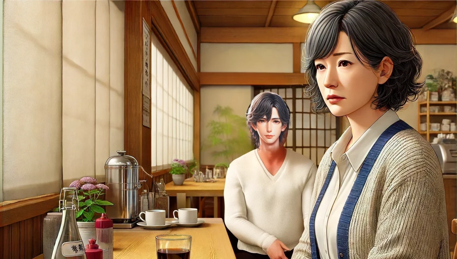 Anime scene of a woman and man sitting at a table, Realistic Anime 3D Style, 3D Anime Real, Anime realism style, Makoto Shinkai and Tom Bagshaw, inspired by Itō Shinsui, Japanese art style, Realistic anime art style, Realistic art style, Photorealistic Animation, Semi-realistic anime style, Realistic anime art style