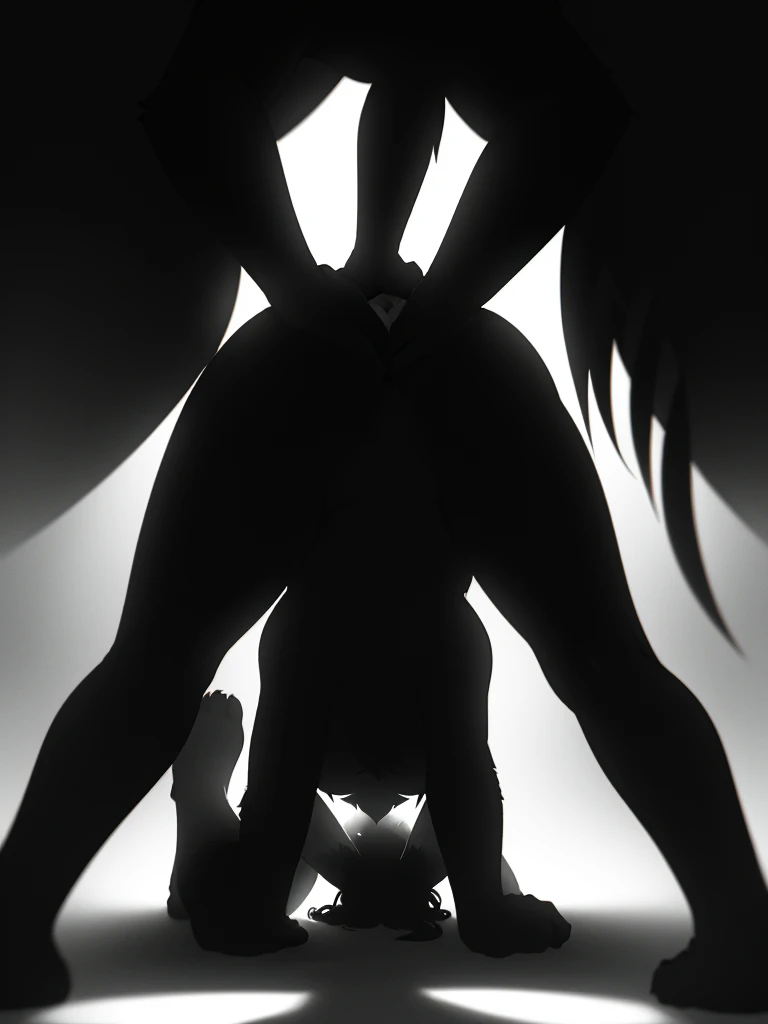 Hallucination, daydream , Insane Dream , bokeh , (old monochrome negative film) , (High contrast:1.2), (Silhouette Romance) , petting , stand up male and all fours female , (cum shot silhouette:0.7) , (silhouette:1.3) , soft focus