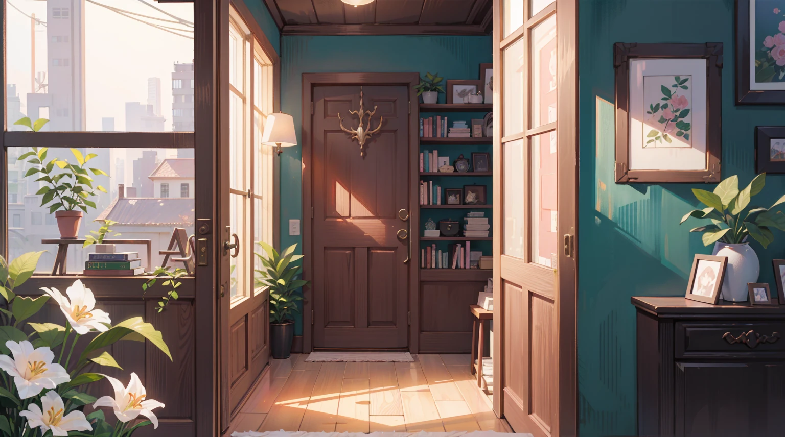 (Masterpiece), Best quality, Ultra-high resolution, detailed structure, Detailed architecture, (Warm pastel colors), indoor，（nobody：1.5）Pull the door frame to see the living room，Behind is the living room, plant, Stamens, indoor。Entrance，（pink：1.5）