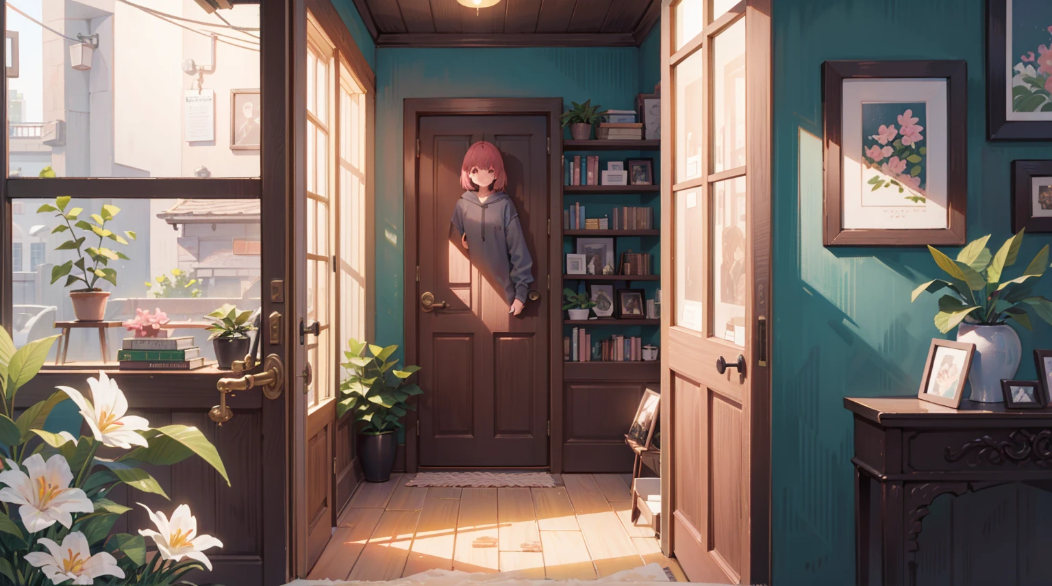 (Masterpiece), Best quality, Ultra-high resolution, detailed structure, Detailed architecture, (Warm pastel colors), indoor,(nobody:1.5)Pull the door frame to see the living room,Behind is the living room, plant, Stamens, indoor。Entrance,(pink:1.5)