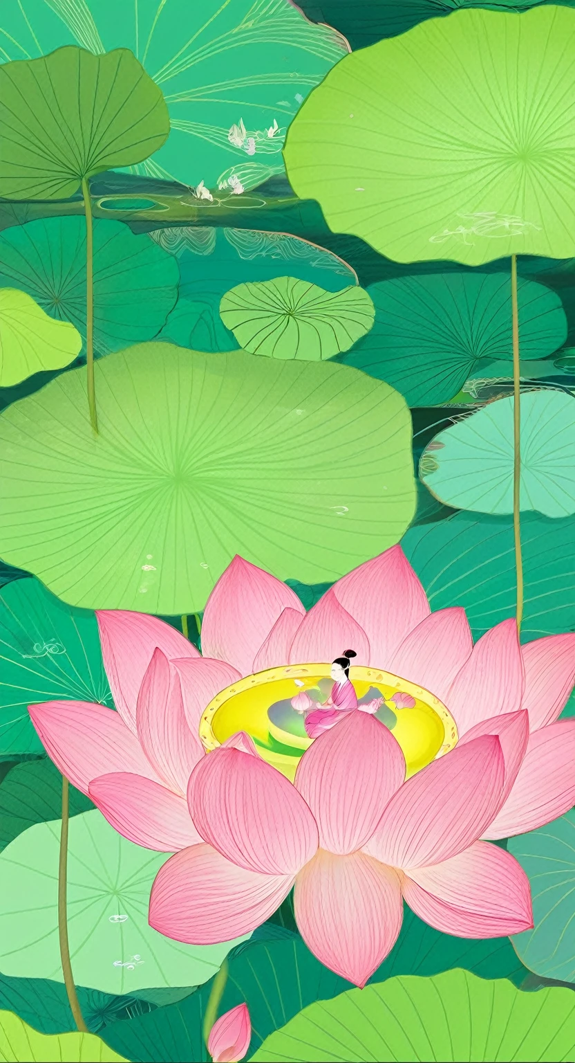 The poster is mainly pink,In the quiet wonderland,The breeze blows the green lotus leaves, The lotus is like a beautiful woman's smile,Glittering in the morning dew。The ancient pavilion is hidden among the hazy smoke and lush trees.,Like a beautiful woman wearing a light veil,Shy and waiting to bloom。The blue waves gently embrace the beautiful figure of Caiting,Bridge corridor,Like a poet humming, The drizzle falls on this quiet lake,Ripples,Like notes jumping on strings,Play a natural。Birds flying over the water,Leaving behind distant songs,All things grow in this peaceful and tranquil place,Only time flows slowly in silence,Freeze this moment of tranquility forever。 In this dream world,The fragrance of flowers,Heart changes with the scene,Every detail weaves a silent love song, Enjoy the lotus flowers and brew tea,Listen to the wind and talk about the past,Let the tranquility of paradise penetrate your heart,In this world outside the clock,Posthumous,With poetry。4k,Ultra HD