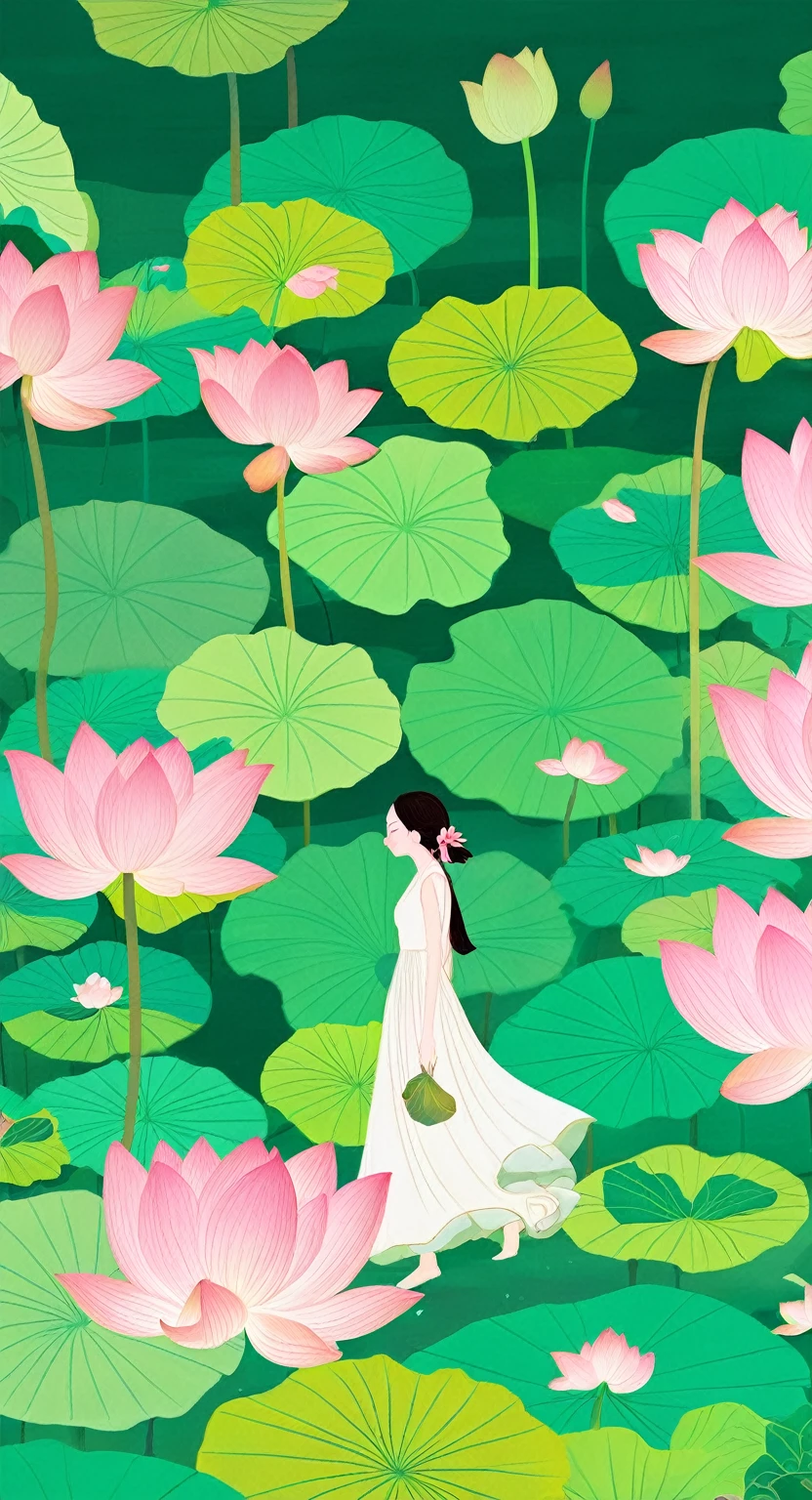The poster is mainly pink,In the quiet wonderland,The breeze blows the green lotus leaves, The lotus is like a beautiful woman's smile,Glittering in the morning dew。The ancient pavilion is hidden among the hazy smoke and lush trees.,Like a beautiful woman wearing a light veil,Shy and waiting to bloom。The blue waves gently embrace the beautiful figure of Caiting,Bridge corridor,Like a poet humming, The drizzle falls on this quiet lake,Ripples,Like notes jumping on strings,Play a natural。Birds flying over the water,Leaving behind distant songs,All things grow in this peaceful and tranquil place,Only time flows slowly in silence,Freeze this moment of tranquility forever。 In this dream world,The fragrance of flowers,Heart changes with the scene,Every detail weaves a silent love song, Enjoy the lotus flowers and brew tea,Listen to the wind and talk about the past,Let the tranquility of paradise penetrate your heart,In this world outside the clock,Posthumous,With poetry。4k,Ultra HD