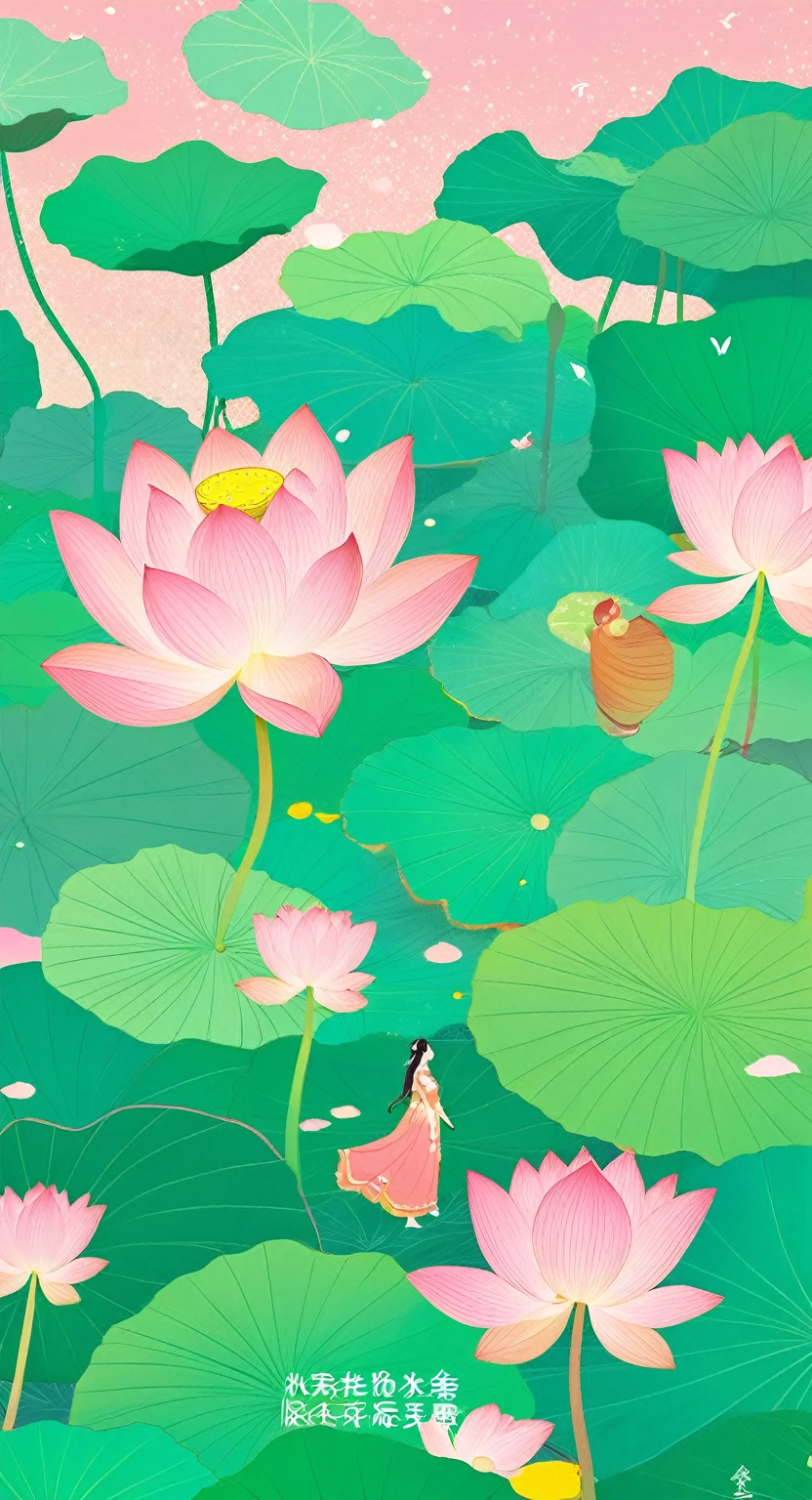 The poster is mainly pink,In the quiet wonderland,The breeze blows the green lotus leaves, The lotus is like a beautiful woman's smile,Glittering in the morning dew。The ancient pavilion is hidden among the hazy smoke and lush trees.,Like a beautiful woman wearing a light veil,Shy and waiting to bloom。The blue waves gently embrace the beautiful figure of Caiting,Bridge corridor,Like a poet humming, The drizzle falls on this quiet lake,Ripples,Like notes jumping on strings,Play a natural。Birds flying over the water,Leaving behind distant songs,All things grow in this peaceful and tranquil place,Only time flows slowly in silence,Freeze this moment of tranquility forever。 In this dream world,The fragrance of flowers,Heart changes with the scene,Every detail weaves a silent love song, Enjoy the lotus flowers and brew tea,Listen to the wind and talk about the past,Let the tranquility of paradise penetrate your heart,In this world outside the clock,Posthumous,With poetry。4k,Ultra HD
