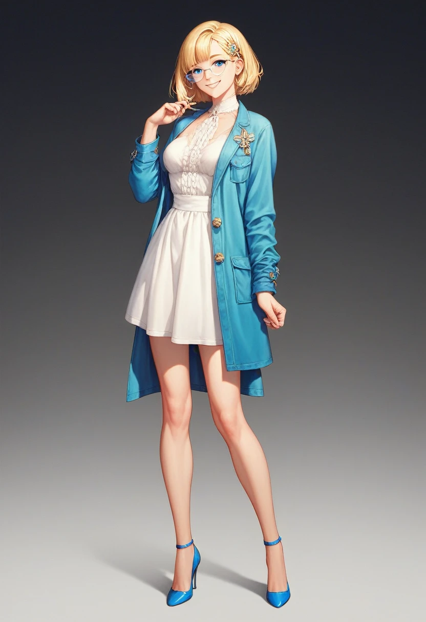 divine beautiful girl, beautiful face, solo, full body, standing, medium bob cut blonde hair, light blue eyes, two points glasses, medium breasts, blue opened short jacket, white blouse, white long pleats skirt, blue high heels, soft smile, pinch one's glasses, black background, no background, pastel 2d art, matte painting