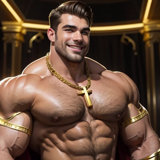 Dressed as the superhero 'Lord Gold ' a very handsome, sweet and truly massive Caucasian bodybuilder is showing off his huge bicep muscles and meaty thighs. Smiling young adult. brown hair, powerfully muscled, massive shoulders and biceps. well-defined six pack. Thick gold cross necklace and gold arm bands. Gold cape