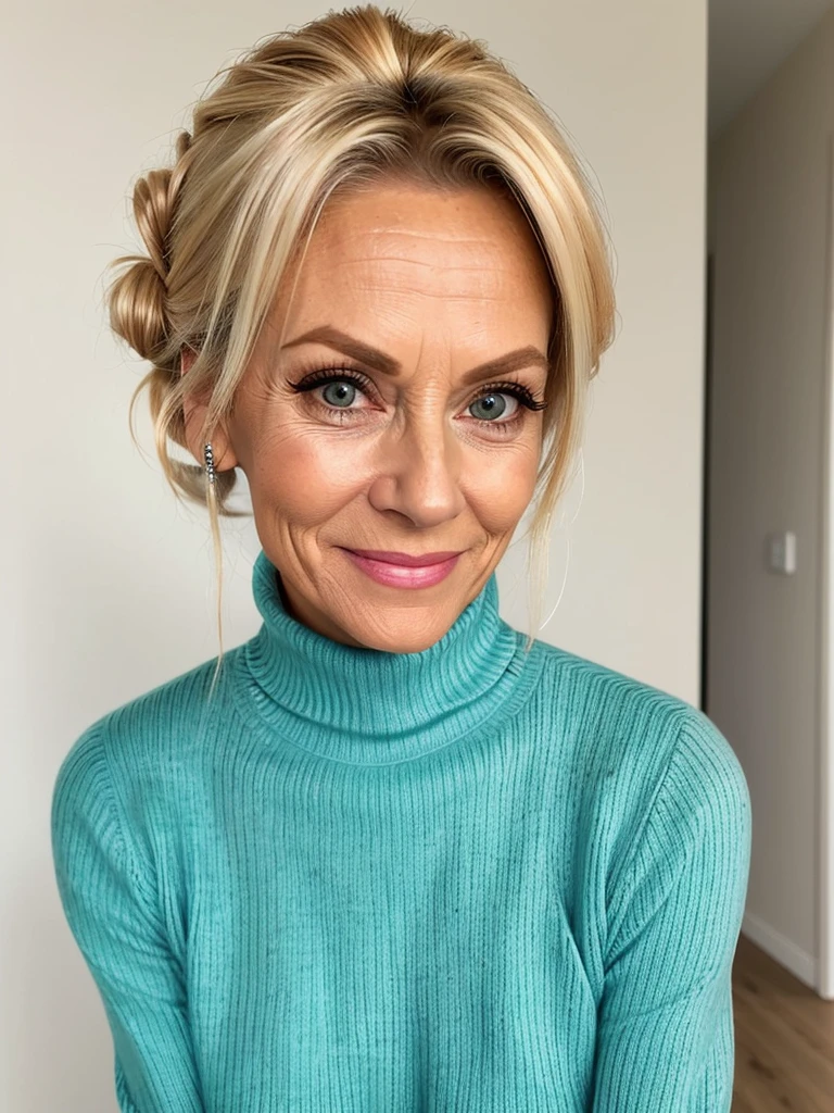 photo of a skinny very old wrinkly faced mature blonde prostitute with fake eyelashes and plump enhanced lips, messy long hair thrown into a messy bun ponytial. She wears: (turtleneck soft high ribbed turquoise sweater:1.1), submissive seductive pose, high tight ribbed neck, seductive smile, perfect fake tits