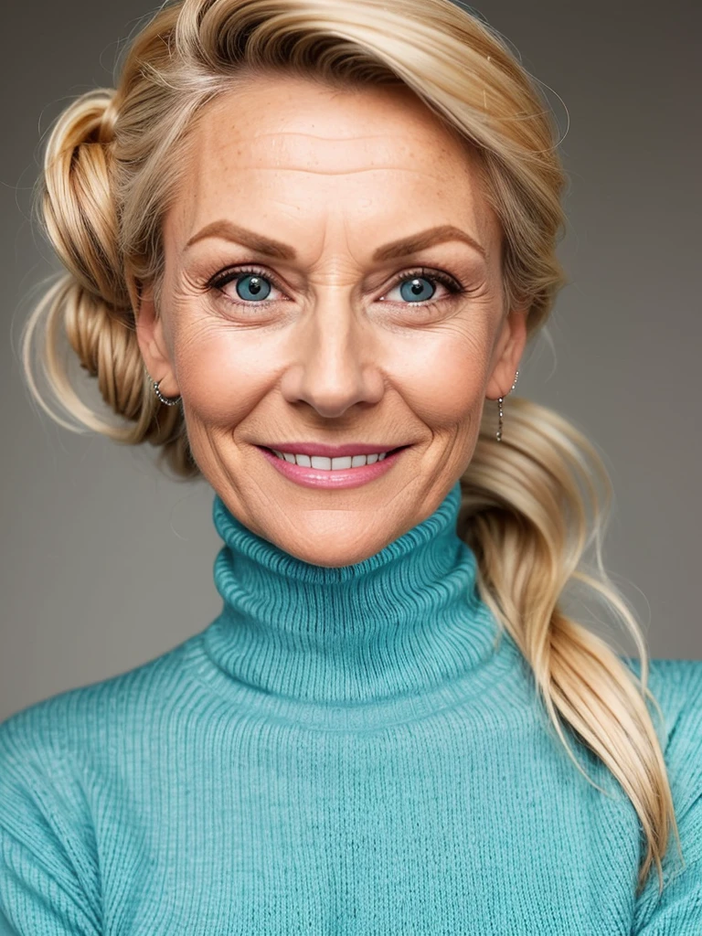 photo of a skinny very old wrinkly faced mature blonde prostitute with fake eyelashes and plump enhanced lips, messy long hair thrown into a messy bun ponytial. She wears: (turtleneck soft high ribbed turquoise sweater:1.1), submissive seductive pose, high tight ribbed neck, seductive smile, perfect fake tits