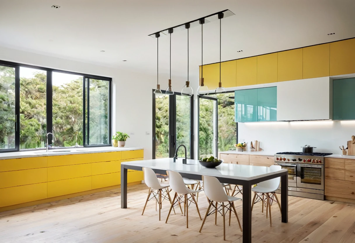
a modern kitchen, colorful cabinet doors, island table, stove, sink, natural light, wooden floors, white ceiling, glass windows,tfz_minimalist_style