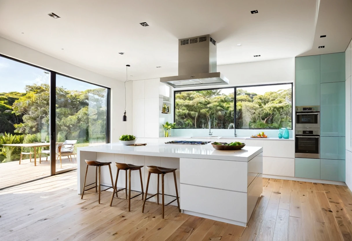 
a modern kitchen, colorful cabinet doors, island table, stove, sink, natural light, wooden floors, white ceiling, glass windows,tfz_minimalist_style