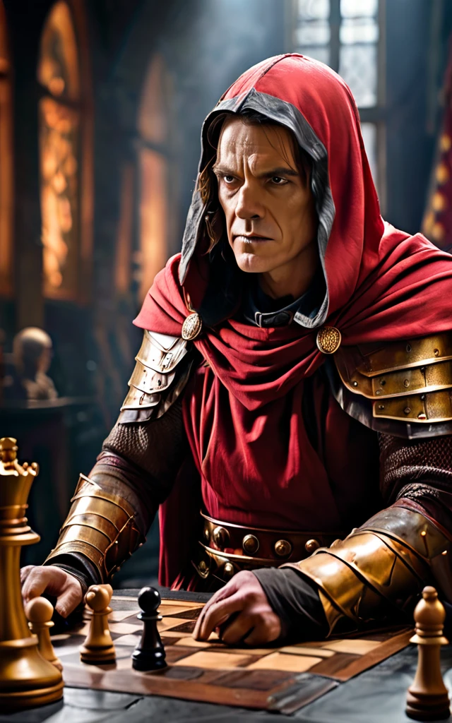 arafed man in armor playing a game of chess, julius caesar, wearing gilded red robes, roman emperor, magneto, inspired by Pogus Caesar, maximus jacobs, inspired by Caesar van Everdingen, portrait shot, caesar, high quality image, christopher lloyd as belial, bryan cranston as thor, arsen lupin as a paladin, background dark, hyper realistic, ultra detailed hyper realistic, photorealistic, Studio Lighting, reflections, dynamic pose, Cinematic, Color Grading, Photography, Shot on 50mm lens, Ultra-Wide Angle, Depth of Field, hyper-detailed, beautifully color, 8k, Detailed background, dark light, twilight lighting, Volumetric lighting, intricate details, ultra high definition,