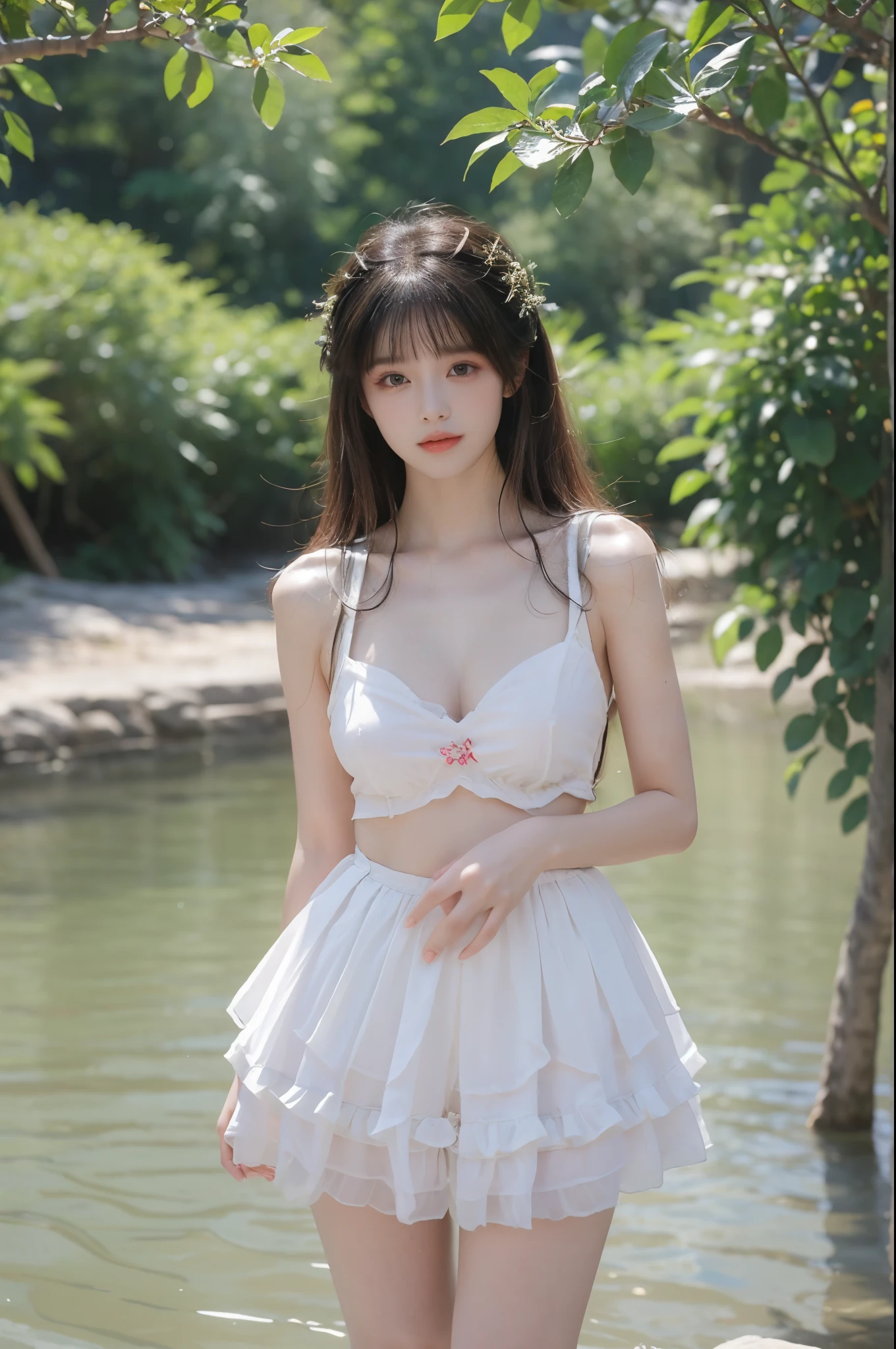 cns_attire, Beauty, 1girl,solo, beautiful女人,Have a perfect body:1.4,Layered Hairstyle,(()), ((E cup)), Visible cleavage,Baders, Highly detailed face and skin texture,Double eyelids,Skin Whitening,Long hair,Whitening long legs,Standing by the sea, Fashion girl, Red lips, Sweet maiden, beautiful妆容, detail, lifelike, Very detailed, amazing, beautiful, Young and energetic, high quality,High Definition, rich and colorful,Exquisite, Smooth skin, The skirt is short, Lift the skirt with your hands, Elegant and charming posture, Official Art, Extremely detailed, Movie atmosphere, Soft colors, Natural skin texture,