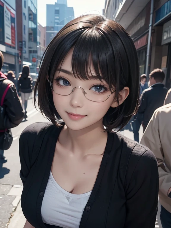 View your audience,high school girl,Leaning forward,(Random cute clothes),(Random animation pose),(Thin type),(Very large breasts),(Black Short Hair)(Pixie Cut),(Best image quality, (8k), Ultra-realistic, 最high quality, high quality, High resolution, high qualityの質感, Attention to detail, Beautiful details, Fine details, Extremely detailed CG, Detailed Texture, Realistic facial expressions, masterpiece, in front),(Wearing glasses:1.1)