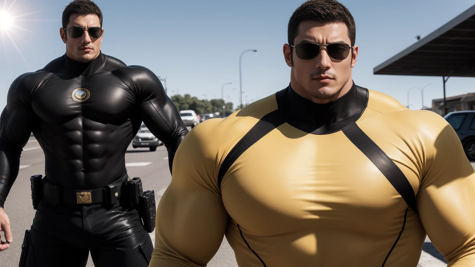 Super muscular man hugging, Sad eyes,Wear sunglasses,short hair,On a vintage outdoor street under the hot sun, Wear long sleeves, Deep turtleneck bodysuit, Thickened warm elastic texture,The clothes are dirty,There are mud stains,Looks sad, Thick thighs, messy hair, Thick thighs, High target-necked long-sleeved dark yellow high-necked tights, very tight, Regular symmetrical pattern, High targetlight muscles, Police uniform pants, character concept(Resident Evil - chris redfield, chris redfield)A proud expression, Deep and charming eyes, Valiant male pose, tall Burly, muscular!muscular thighs, Tough Guy, Perfect facial features, High target, Burly, Heqiang, Super exquisite and cool, High target Resolution Committee, Attractive, The sun is blazing, Dazzling
