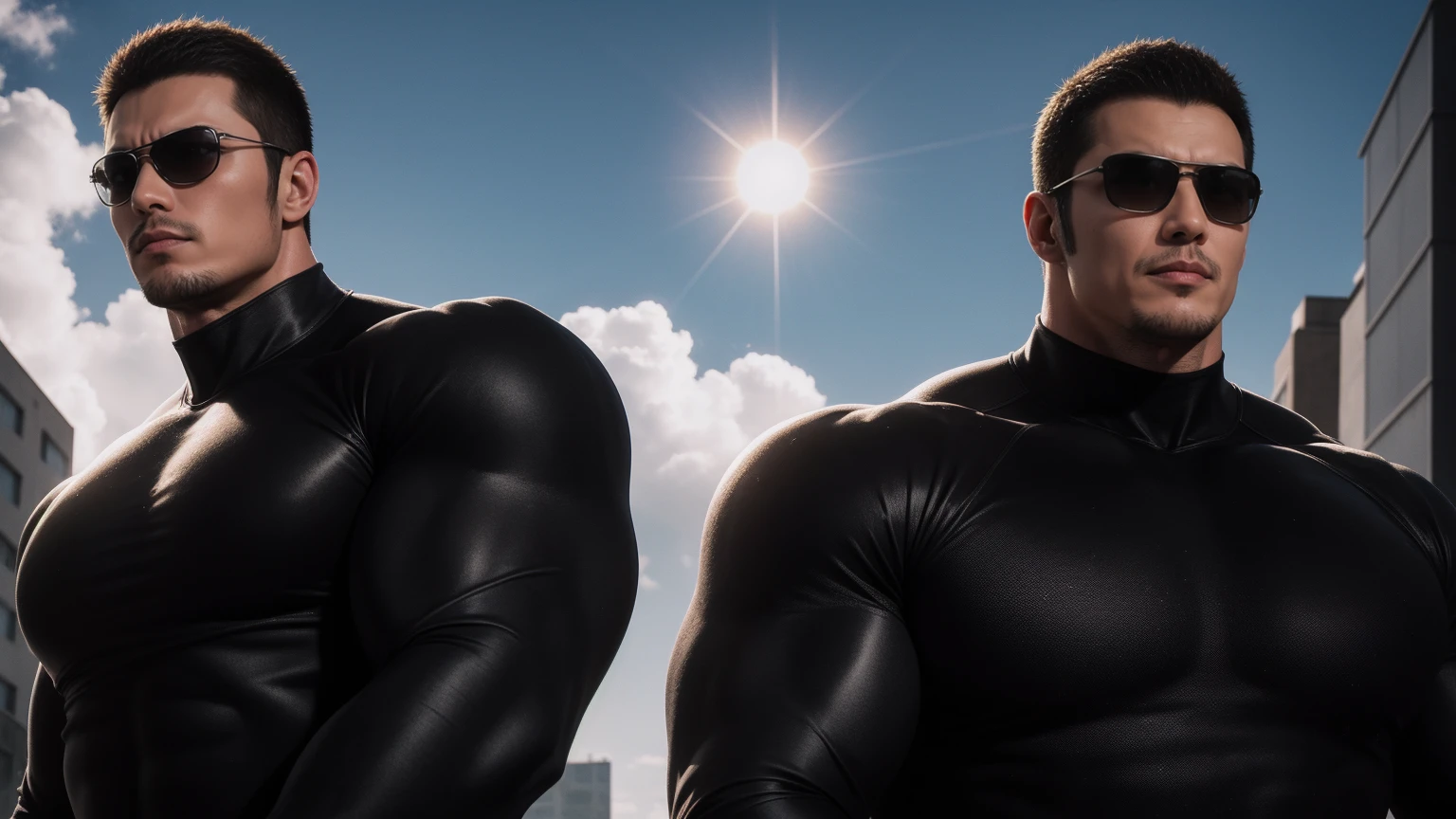 Super muscular man hugging, Sad eyes,Wear sunglasses,short hair,On a vintage outdoor street under the hot sun, Wear long sleeves, Deep turtleneck bodysuit, Thickened warm elastic texture,The clothes are dirty,There are mud stains,Looks sad, Thick thighs, messy hair, Thick thighs, High target-necked long-sleeved dark yellow high-necked tights, very tight, Regular symmetrical pattern, High targetlight muscles, Police uniform pants, character concept(Resident Evil - chris redfield, chris redfield)A proud expression, Deep and charming eyes, Valiant male pose, tall Burly, muscular!muscular thighs, Tough Guy, Perfect facial features, High target, Burly, Heqiang, Super exquisite and cool, High target Resolution Committee, Attractive, The sun is blazing, Dazzling