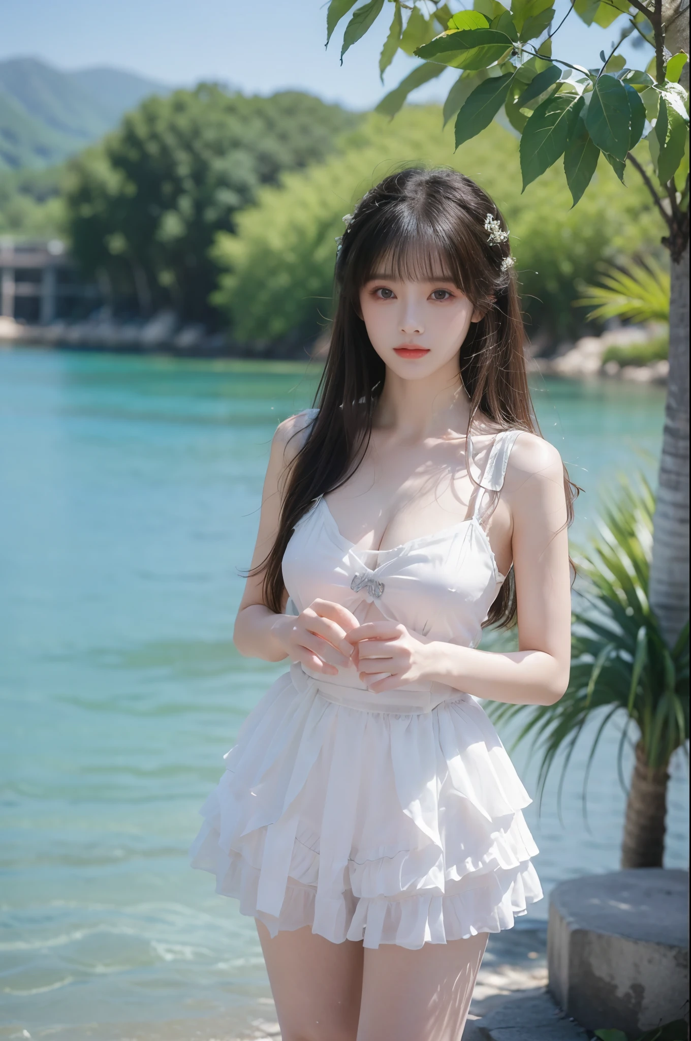 cns_attire, Beauty, 1girl,solo, beautiful女人，Have a perfect body：1.4，Layered Hairstyle，((Big breasts)), ((E cup)), Visible cleavage，Bare shoulders, Highly detailed face and skin texture，Double eyelids，Skin Whitening，Long hair，Whitening long legs，Standing by the sea, Fashion girl, Red lips, Sweet maiden, beautiful妆容, detail, lifelike, Very detailed, amazing, beautiful, Young and energetic, high quality，High Definition, rich and colorful，Exquisite, Smooth skin, The skirt is short, Lift the skirt with your hands, Elegant and charming posture, Official Art, Extremely detailed, Movie atmosphere, Soft colors, Natural skin texture,