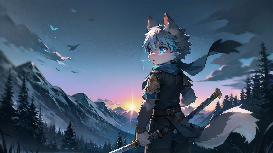 Wolf,juvenile,male,Gray-black fur,Sky blue eyes,Ancient combat uniform,scarf,Holding a long sword,Scabbard back,permanent,The only one,dawn,illumination,Break