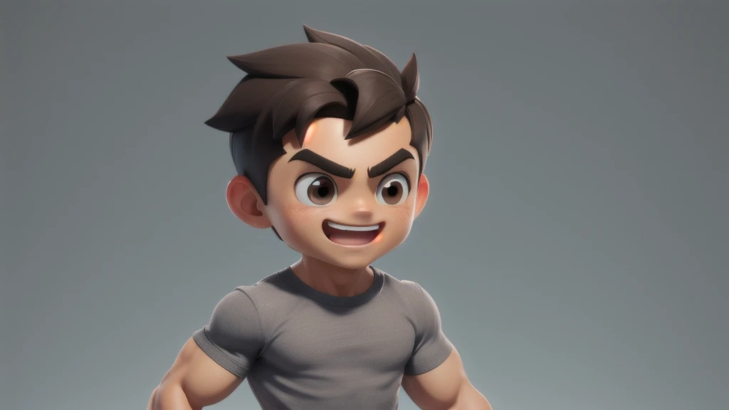 Muscled Boy chibi with gray t-shirt, brown eyes, nohair, happy. Clear Background