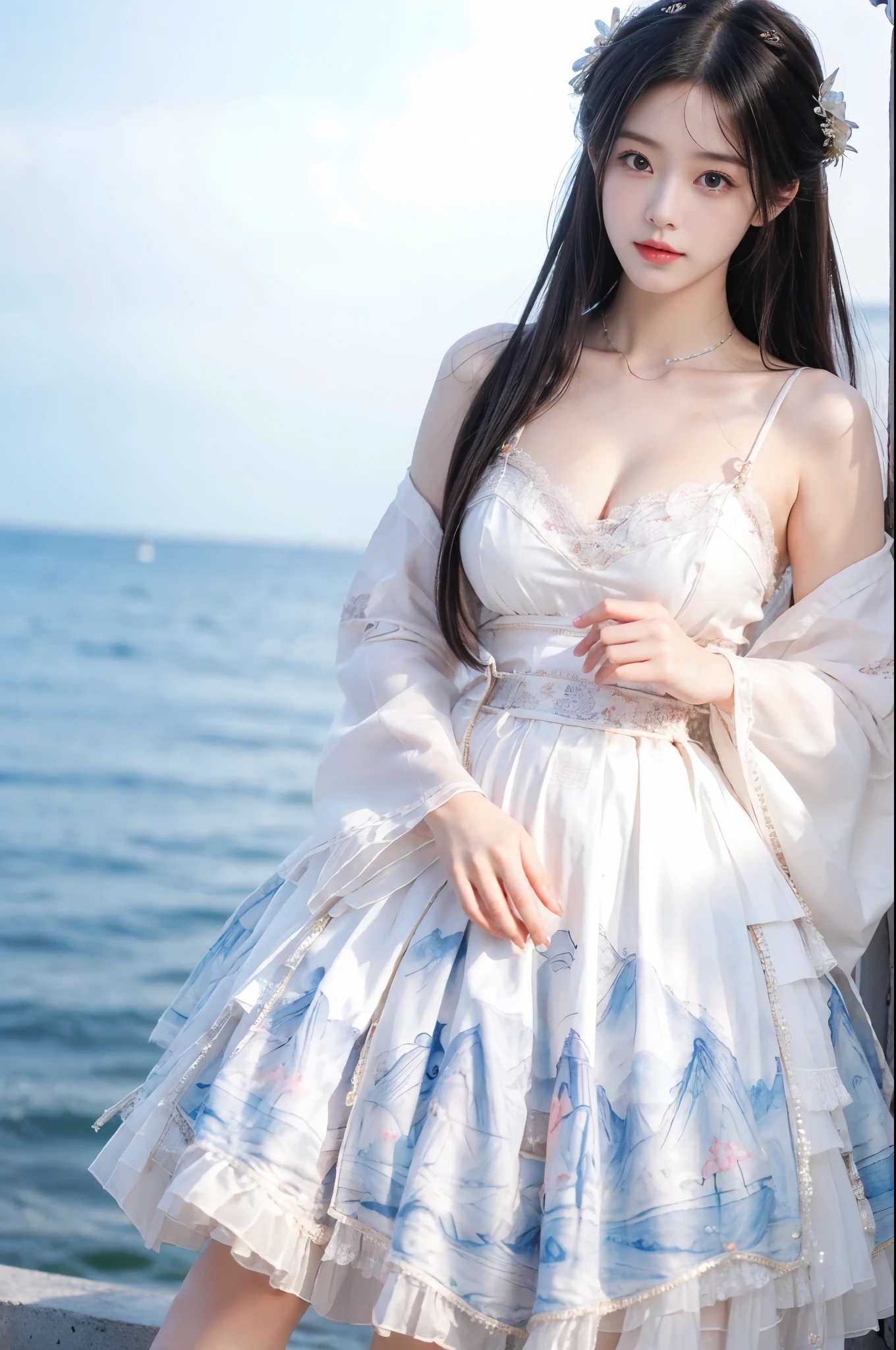 cns_dress, Beauty, 1girl,solo, beautiful女人，Have a perfect body：1.4，Layered Hairstyle，((Big breasts)), ((E cup)), Visible cleavage，Bare shoulders, Highly detailed face and skin texture，Double eyelids，Skin Whitening，Long hair，Whitening long legs，Standing by the sea, Fashion girl, Red lips, Sweet maiden, beautiful妆容, detail, lifelike, Very detailed, amazing, beautiful, Young and energetic, high quality，High Definition, rich and colorful，Exquisite, Smooth skin, The skirt is short, Lift the skirt with your hands, Elegant and charming posture, Official Art, Extremely detailed, Movie atmosphere, Soft colors, Natural skin texture,