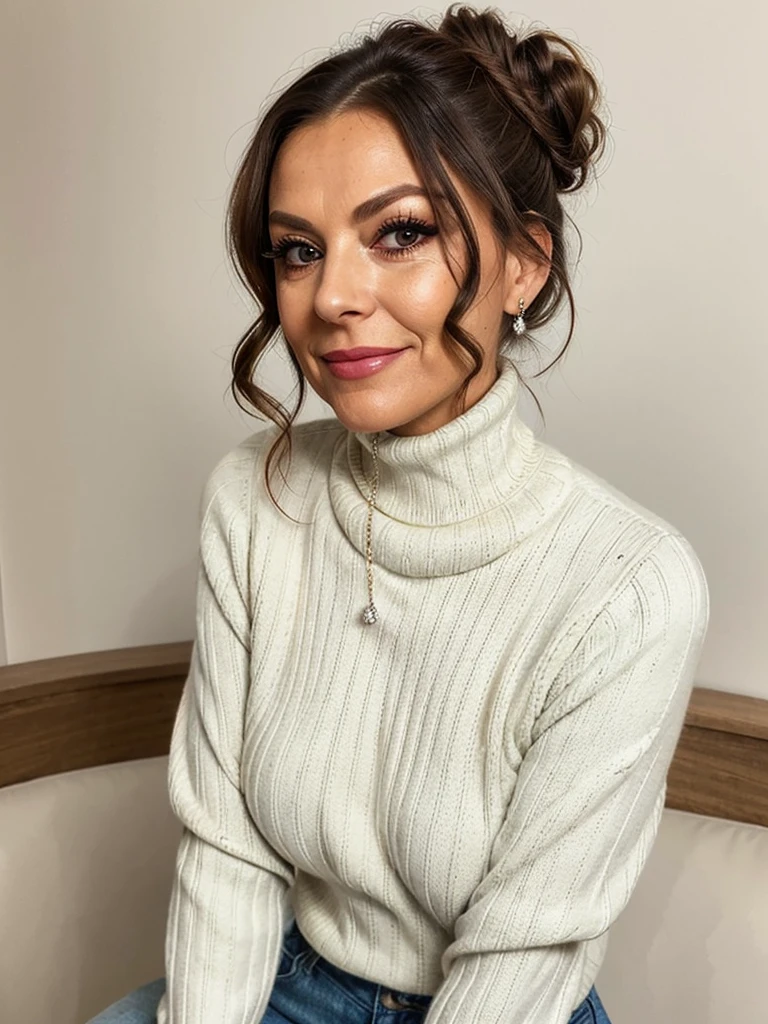 photo of a very old wrinkly faced mature brunette prostitute with fake eyelashes and plump enhanced lips, messy long hakr thrown into a messy bun ponytial. She wears: (turtleneck soft high ribbed white sweater:1.1), submissive seductive pose, high tight ribbed neck, seductive smile, perfect fake tits, diamond necklace