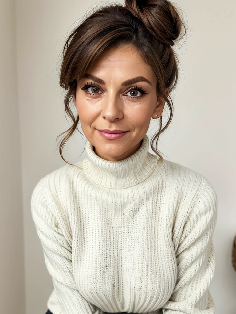 photo of a very old wrinkly faced mature brunette prostitute with fake eyelashes and plump enhanced lips, messy long hakr thrown into a messy bun ponytial. She wears: (turtleneck soft high ribbed white sweater:1.1), submissive seductive pose, high tight ribbed neck, seductive smile, perfect fake tits, diamond necklace