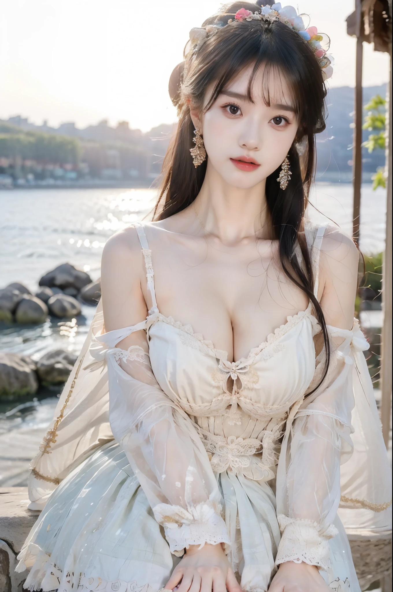 cns_dress, Beauty, 1girl,solo, beautiful女人,Have a perfect body:1.4,Layered Hairstyle,((Big breasts)), ((E cup)), Visible cleavage,Bare shoulders, Highly detailed face and skin texture,Double eyelids,Skin Whitening,Long hair,Whitening long legs,Standing by the sea, Fashion girl, Red lips, Sweet maiden, beautiful妆容, detail, lifelike, Very detailed, amazing, beautiful, Young and energetic, high quality,High Definition, rich and colorful,Exquisite, Smooth skin, The skirt is short, Lift the skirt with your hands, Elegant and charming posture, Official Art, Extremely detailed, Movie atmosphere, Soft colors, Natural skin texture,